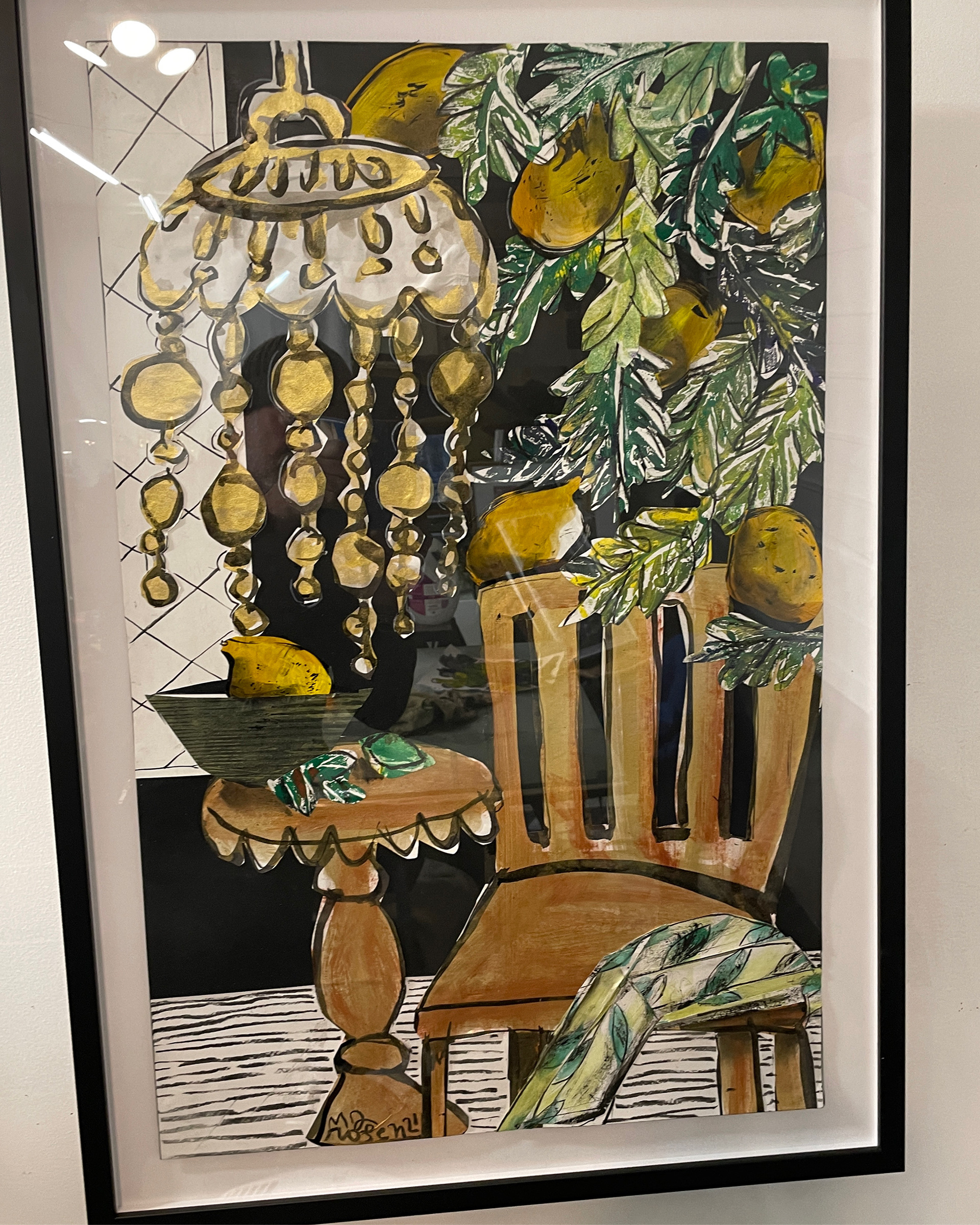 Chandelier v. Lemon Tree check size, acrylic painting with Sumi-e ink , 2022 $2,400