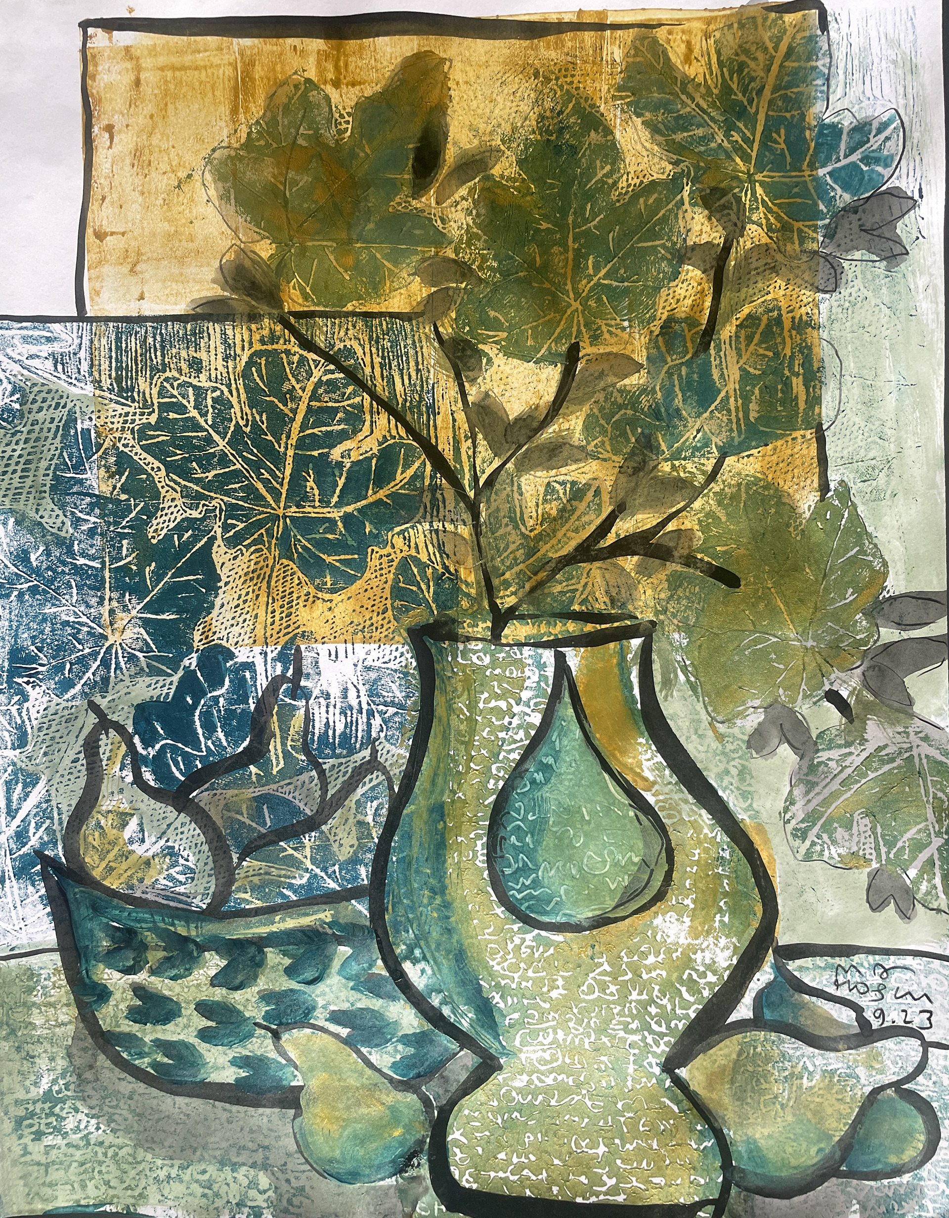 Monotype with Buddha-Belly Leaf Prints and Pears / 15 x 22, $1,400
