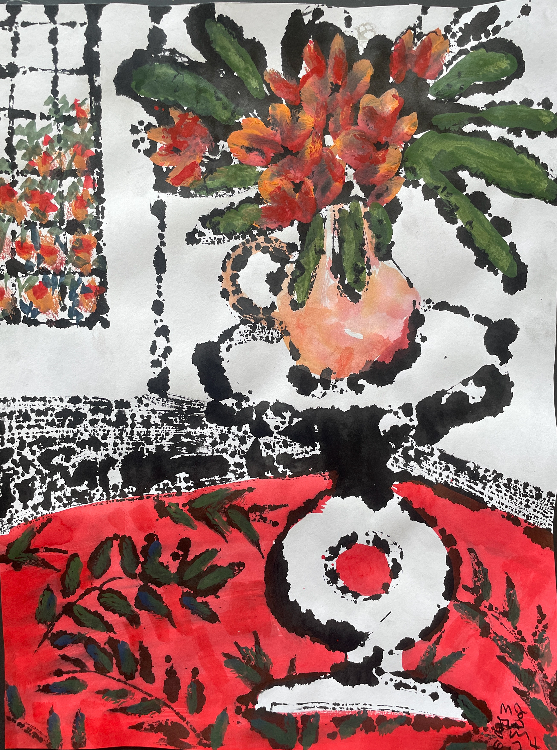 Clivia Flowers, Pedestal, and Red Carpet / 15 x 22, plus mat and frame. Available at Sharon Weiss Gallery, Columbus.
