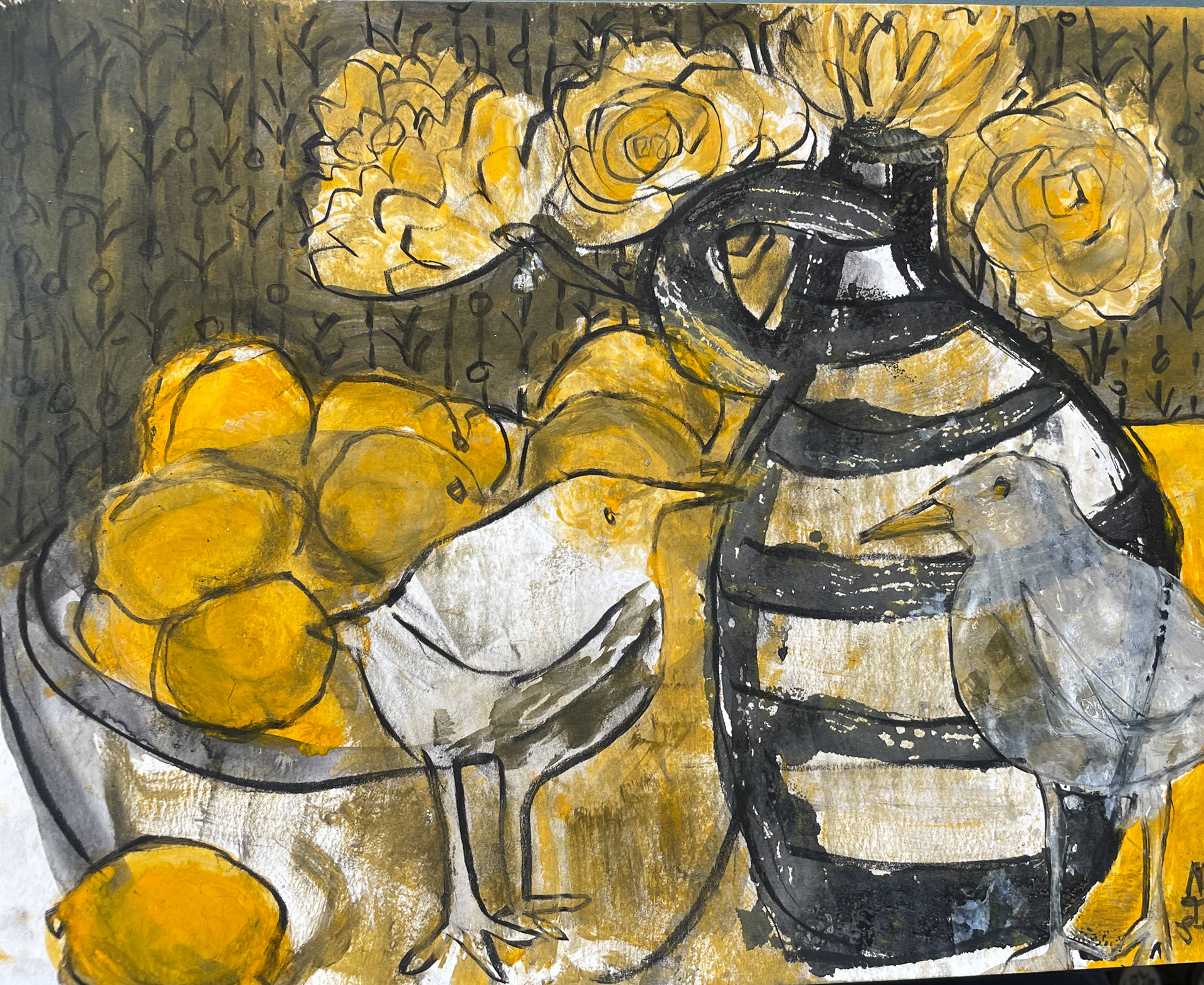 Still Life with Peonies, Lemons, and a Pair of Sandpipers 14 x 12, monotype 2022, $600