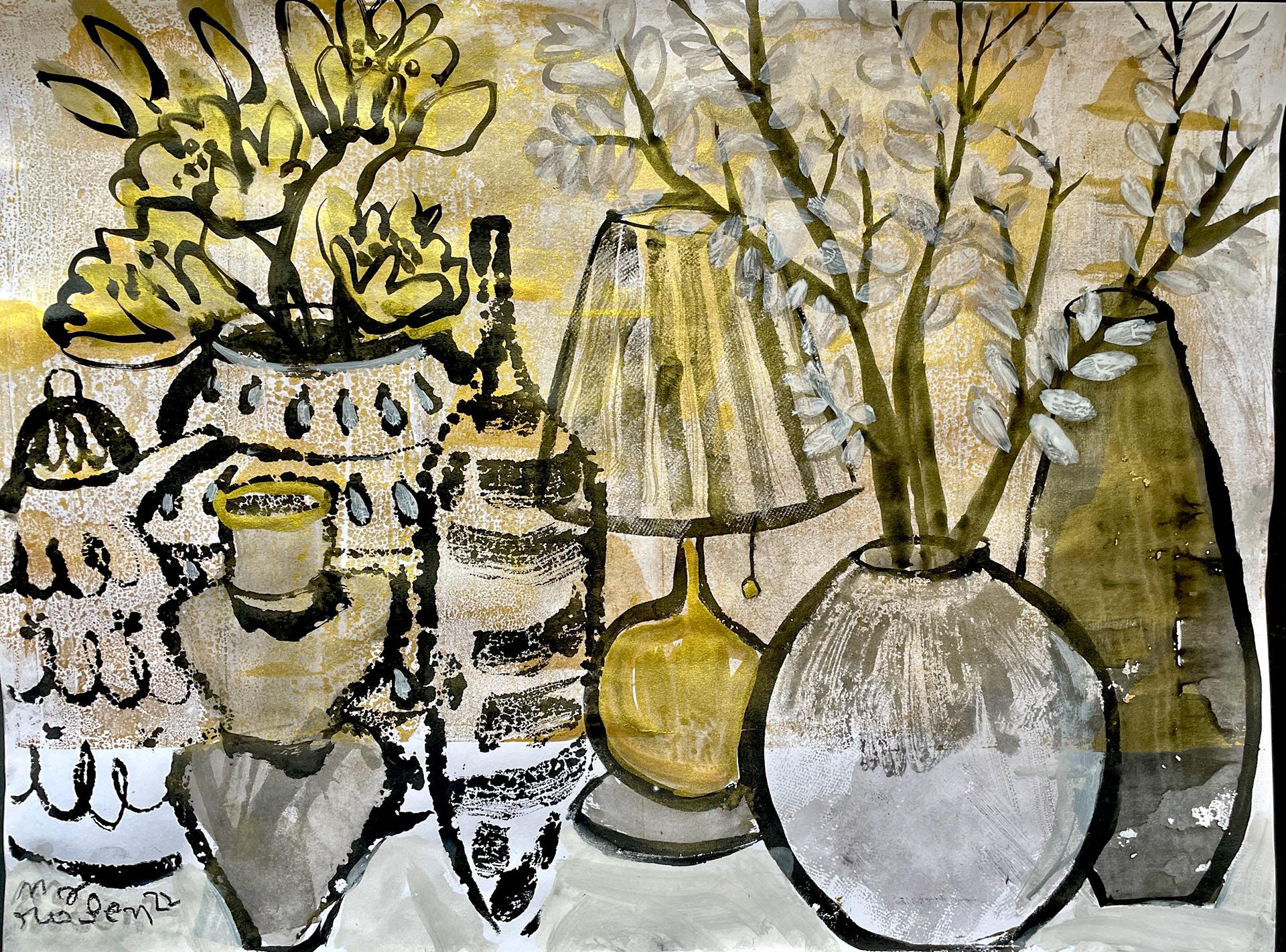 Ectomorphic And Endomorphic Vases 24 x 36, monotype with multiple passes and Sumi-e ink, 2022 $2,200