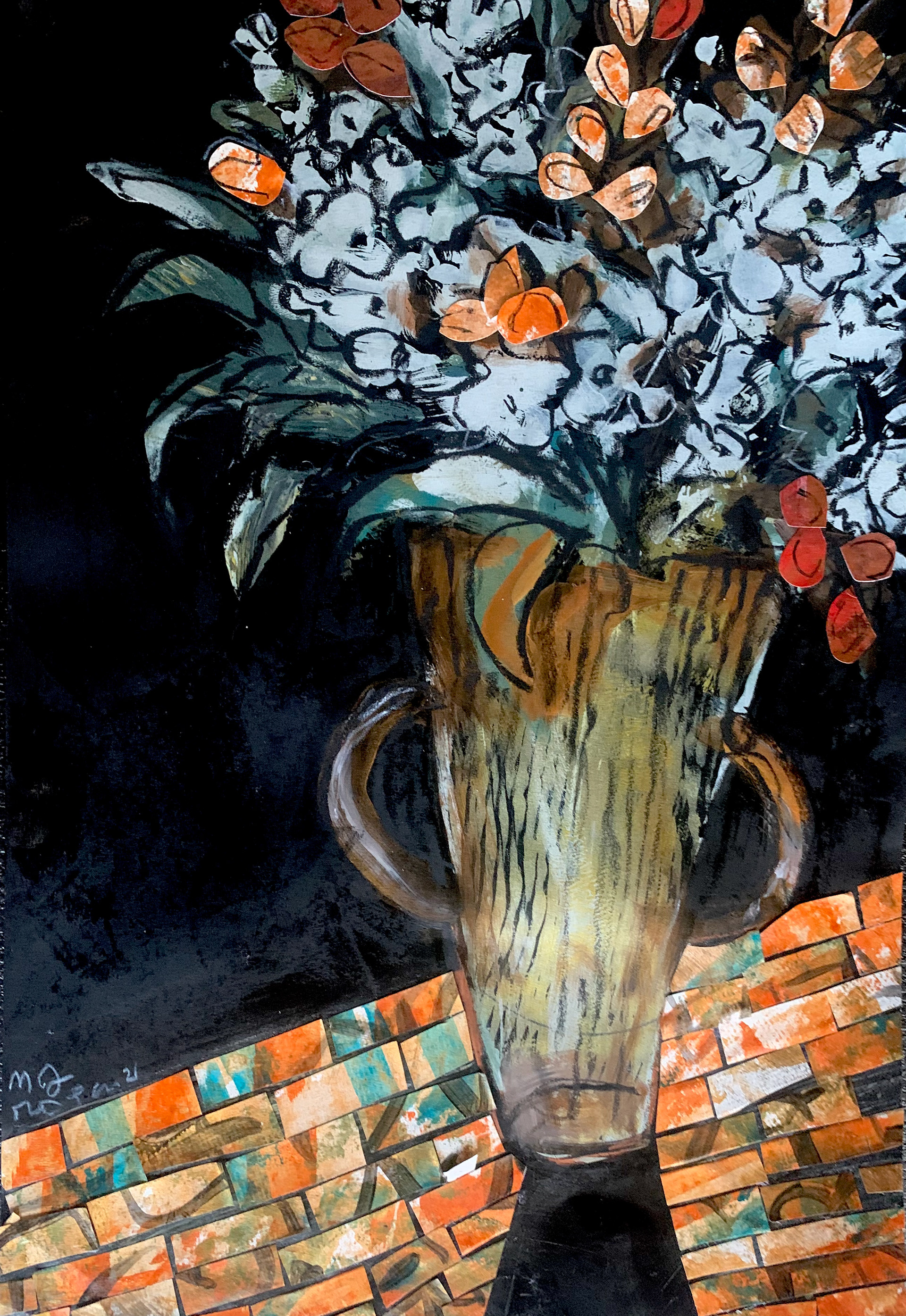 64 / SOLD Blossoms in Copper with Collaged Table / 11 x 17 / $350