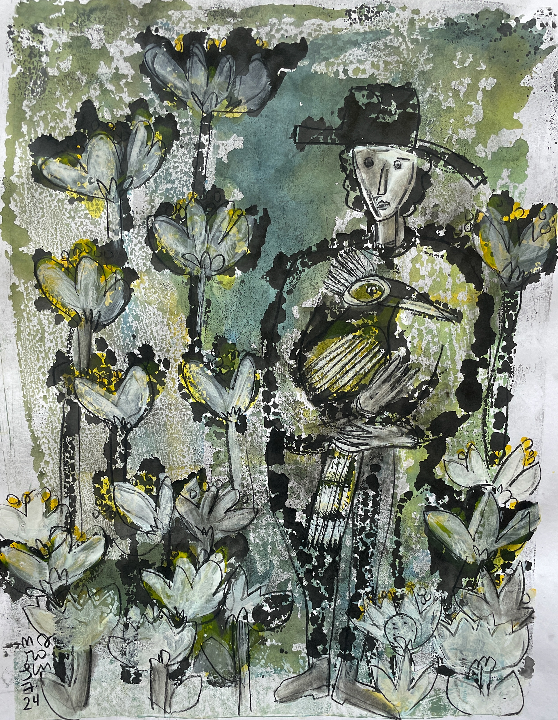 Farmer with Bird Among the Big Blooms / 15 x 22, $1,200
