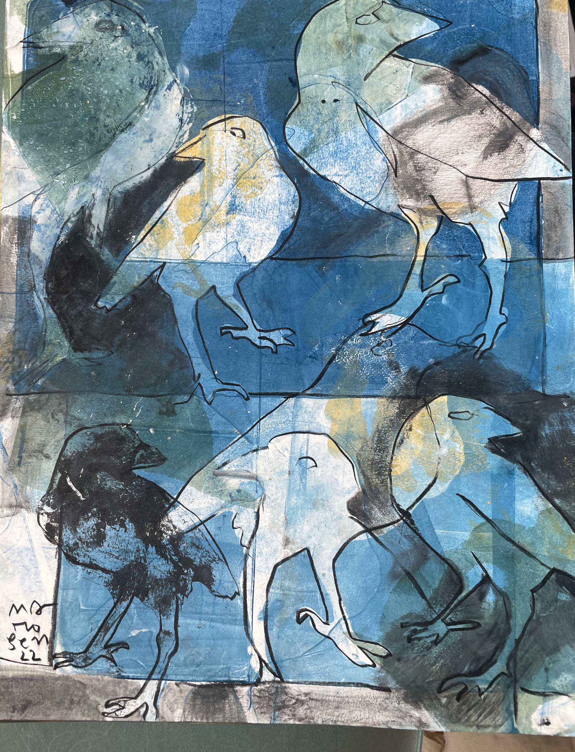 Stained Glass with Crows 12 x 14, monotype 2022, $600