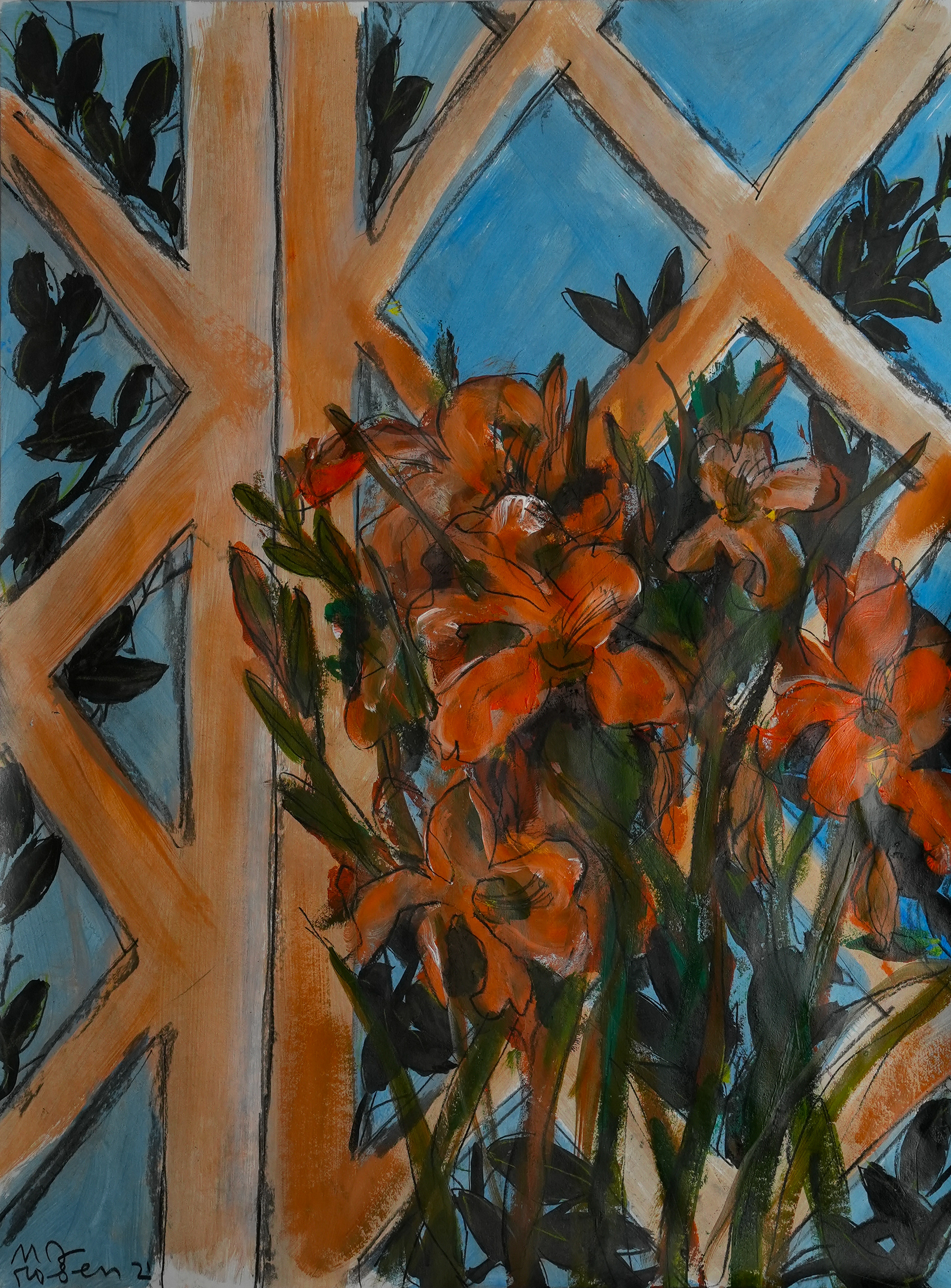 145 / Orange Daylilies in front of Paneled Window, 18 x 24, acrylic on paper, $650.