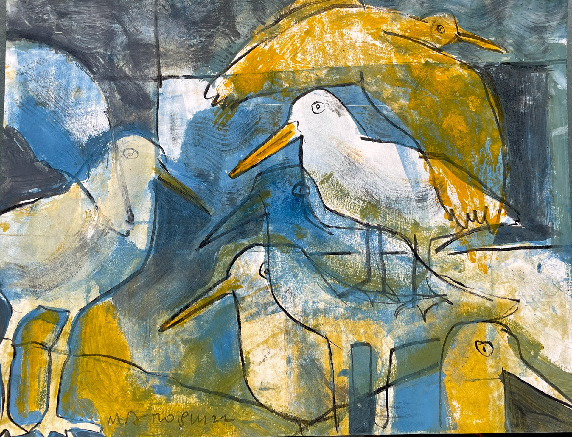 Stained Glass with Oyster Catchers 14 x 12, monotype 2022, $600
