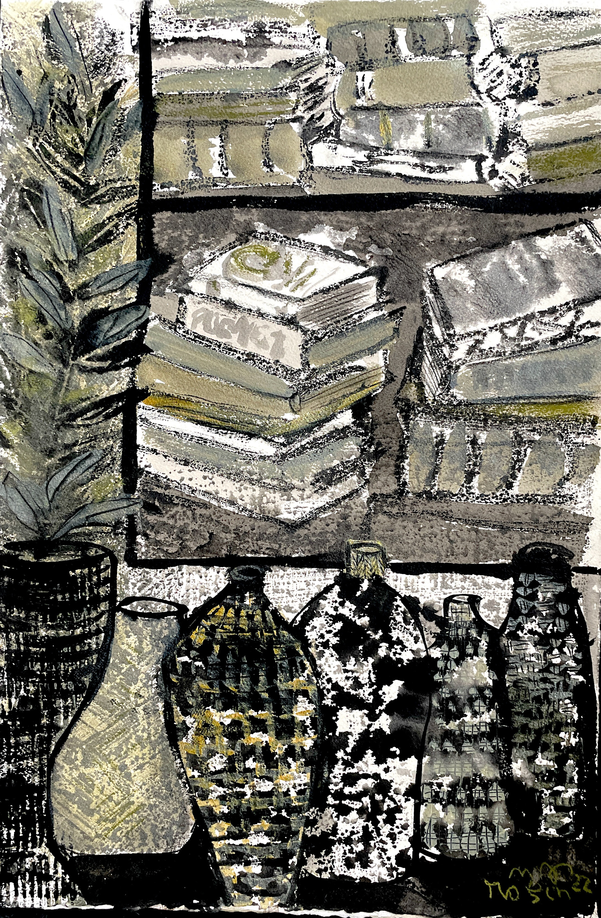 It's Got to Be in One of These 18 x 24 monotype with multiple passes Sumi-e ink, and Japanese gold, 2022 $1,800