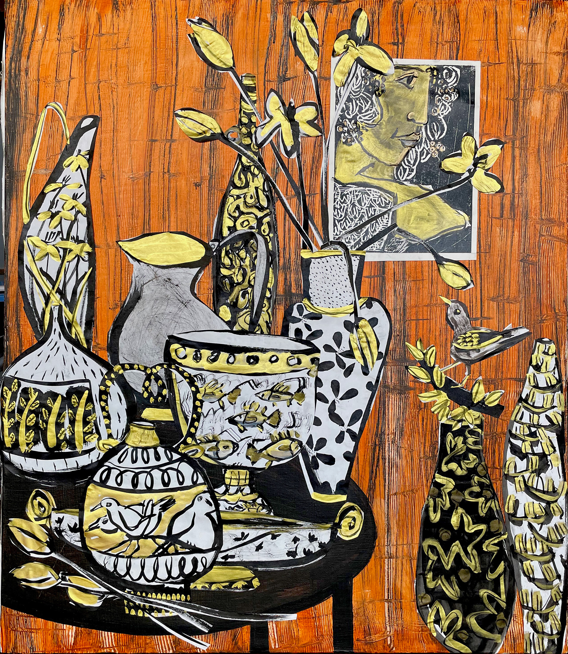 Tokens from the Gilded Age 36 x 42, collage with Japanese gold on stretched canvas, 2022 $3,300