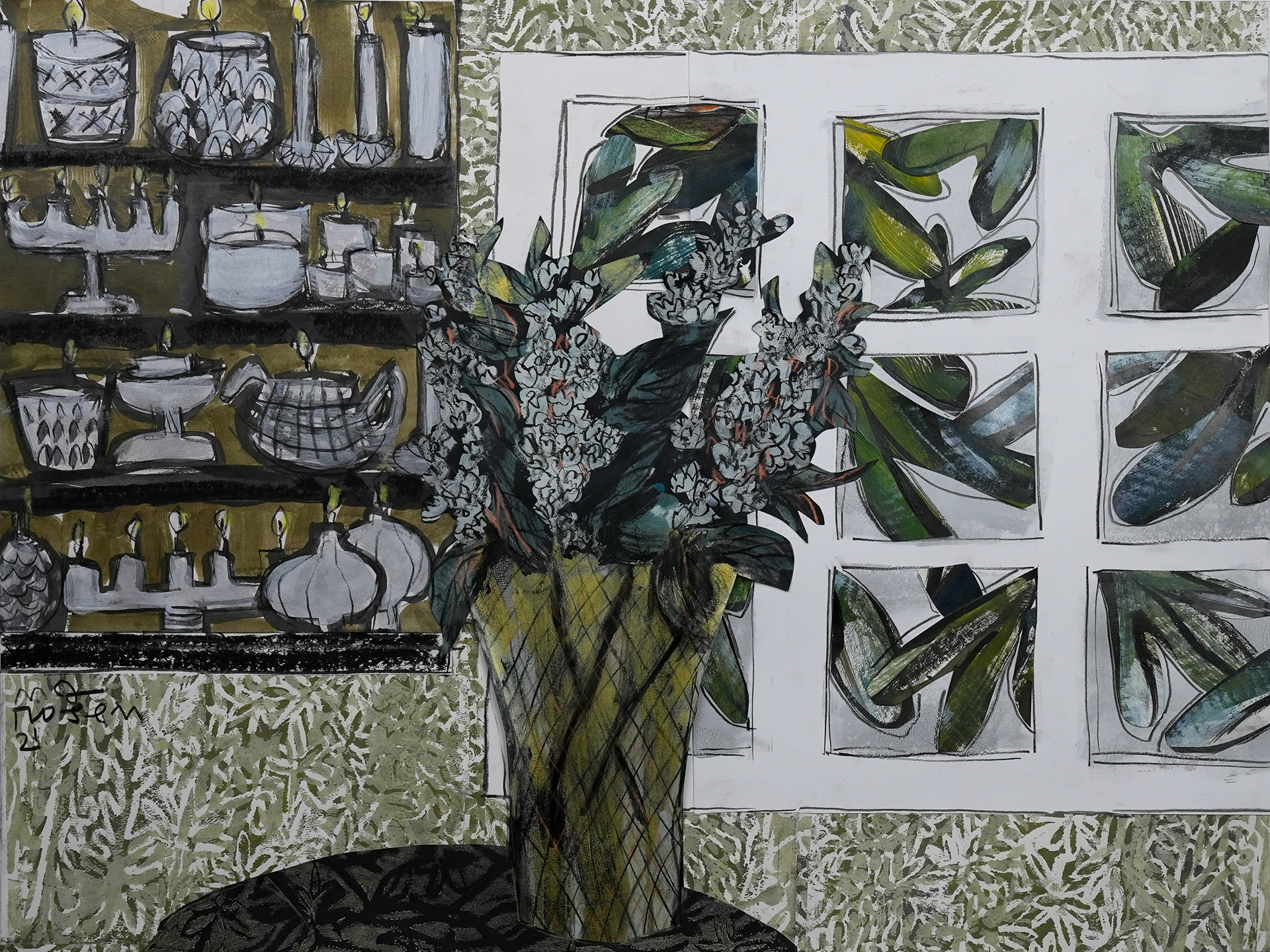 "Vase with a Fire Hazard of Candles and Onlooking Rhododendron"Leaves"