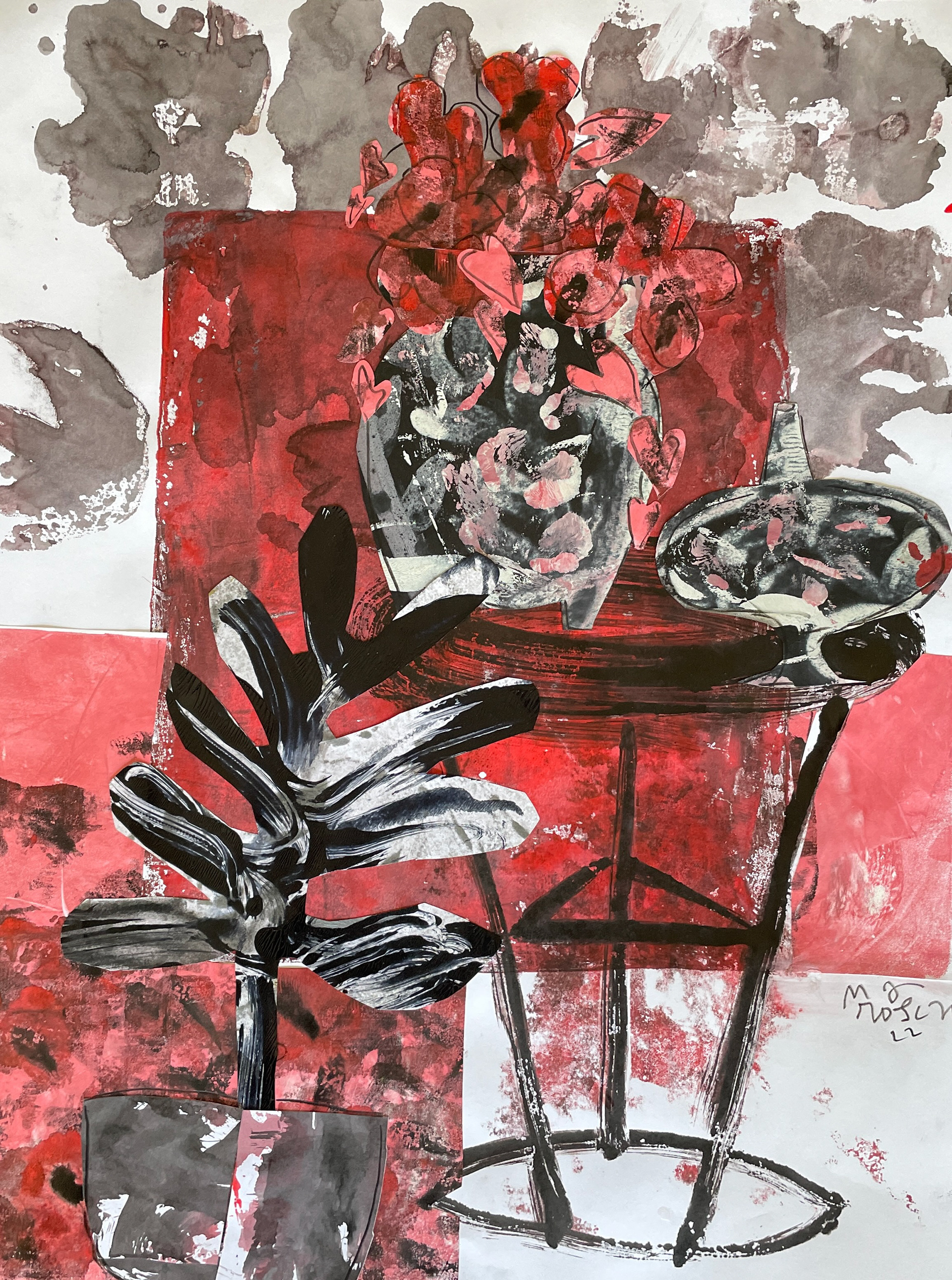 Hearts and Flowers and an Uncomfortable Stool / 18 x 24 / Framed, $1,800