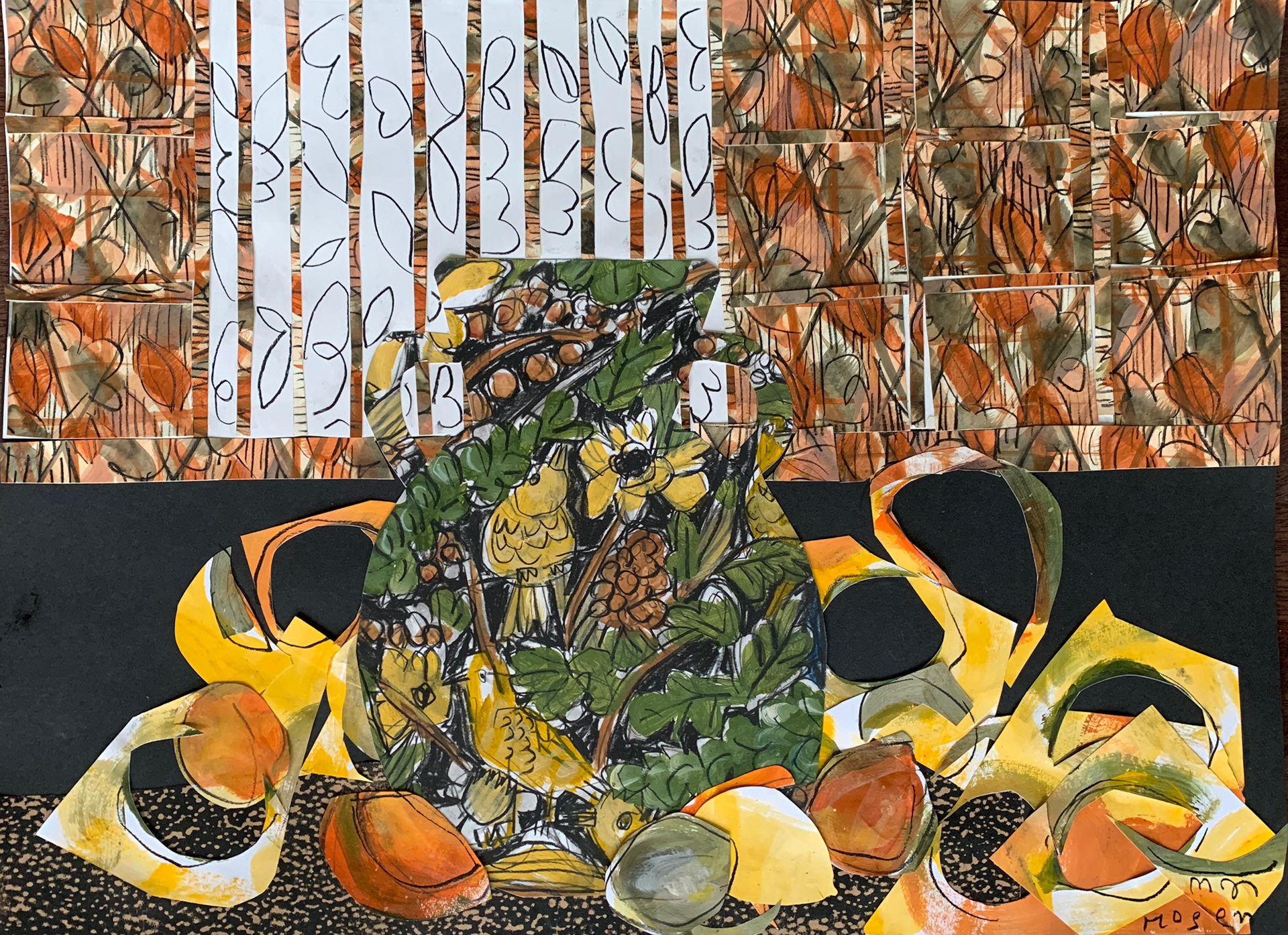 Bird Vase, Fruit, and Overbearing Wallpaper, 24 x 18, collage, $1,800