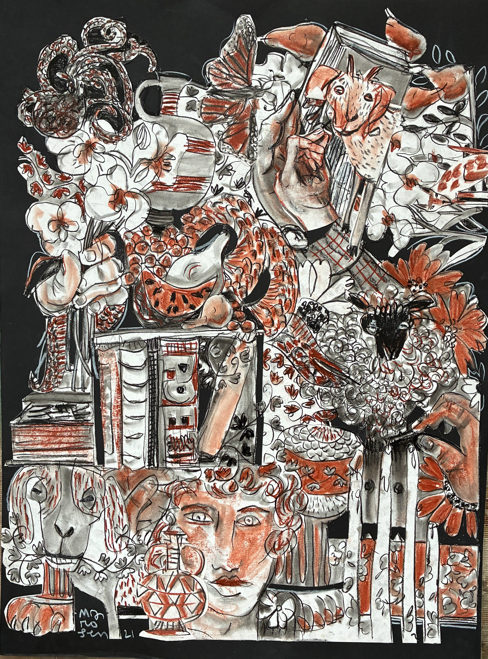 Idling with Books, Bestiary, and Florals / 18 x 24 / Framed,  22 x 30 / $2,000