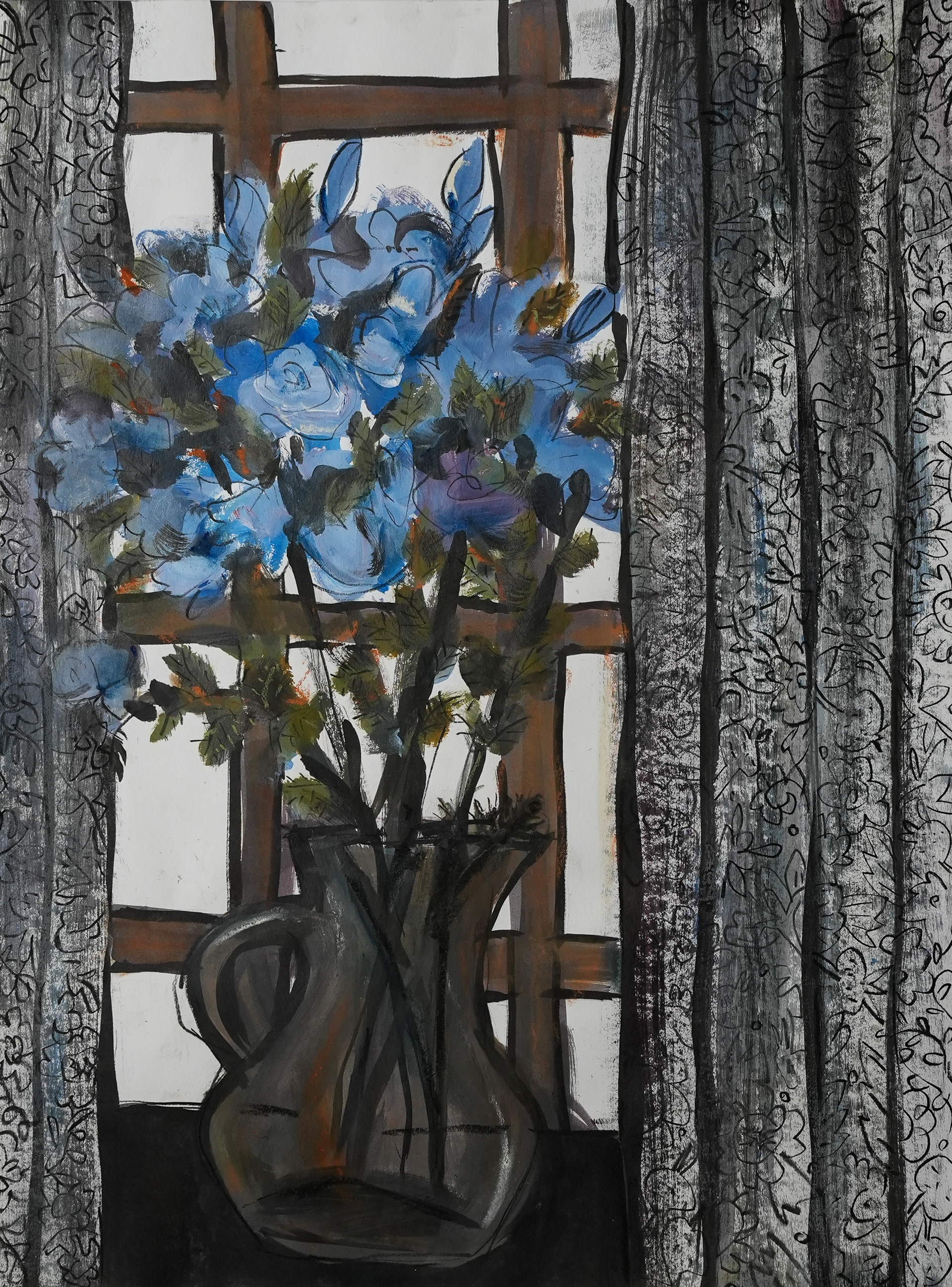 122 /SOLD Blue Flowers with Patterned Curtains, 18 x 24, acrylics and charcoal / $550