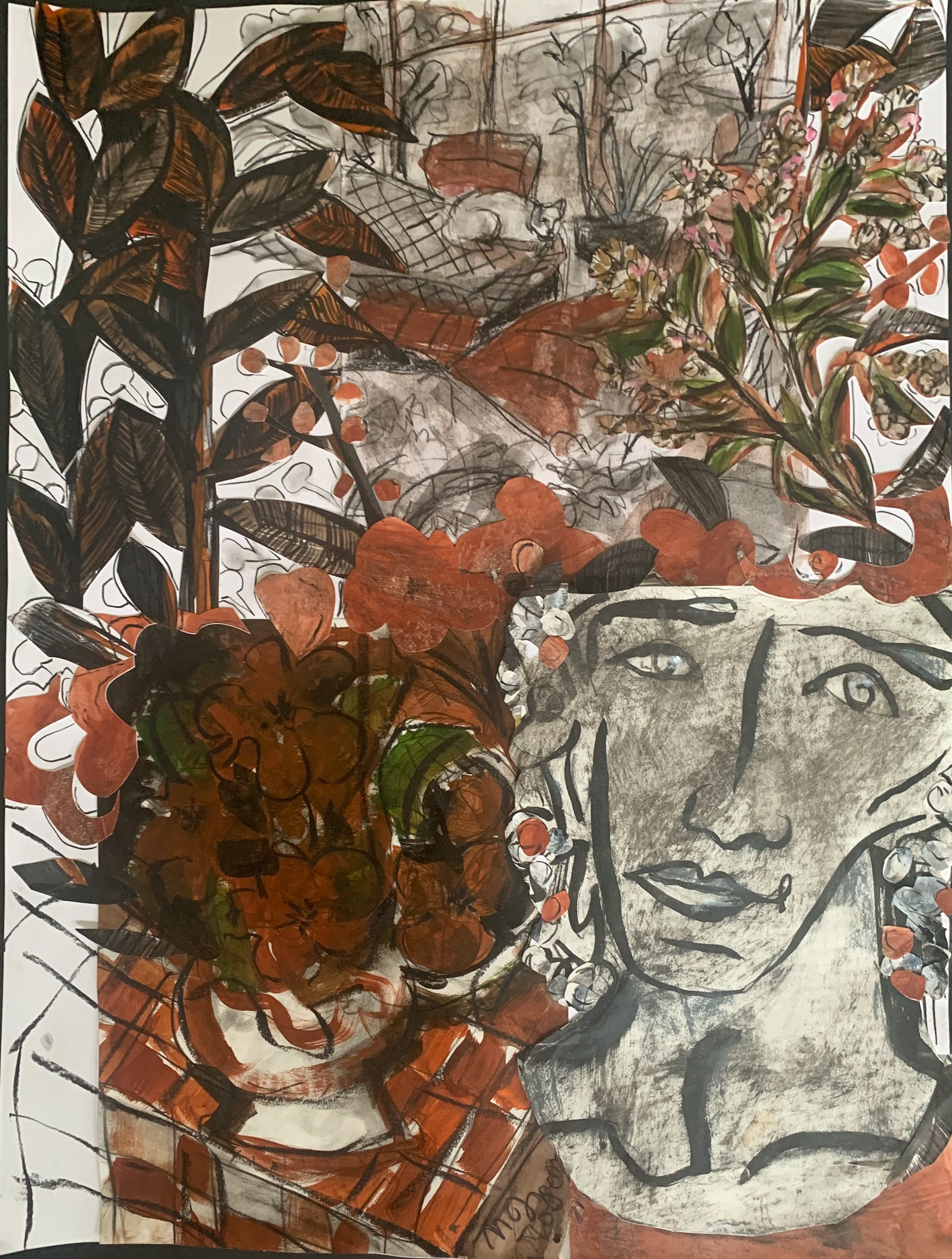 Bust of Antinoüs with Patio Flowers and the Resident Cat / 18 x 24 / Framed, $1,800