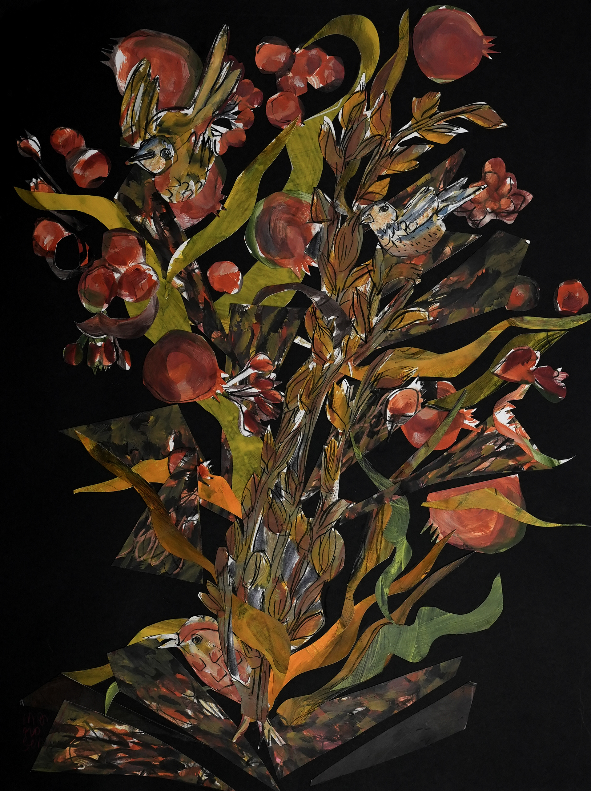 "Bewildered Birds in a Pomegranate Collage" SOLD