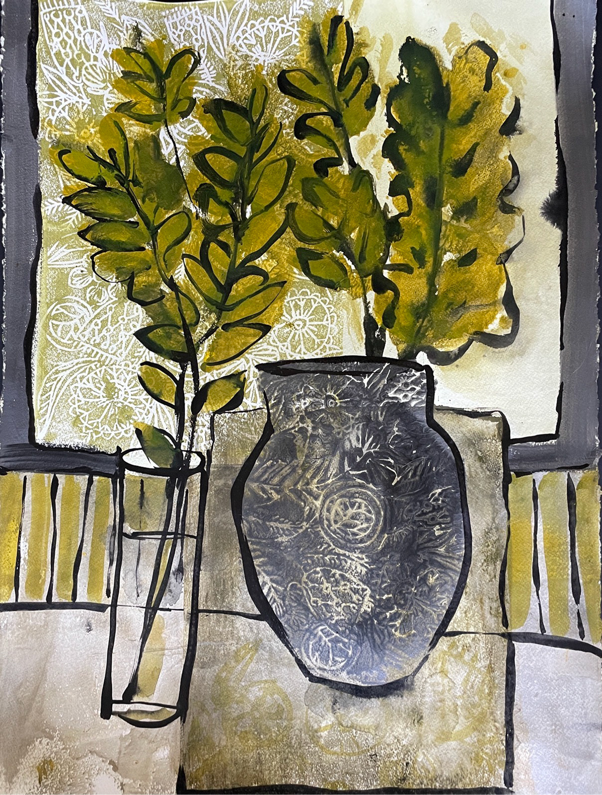 Ectomorphic And Endomorphic Vases 24 x 36, monotype with multiple passes and Sumi-e ink, 2022 $2,200