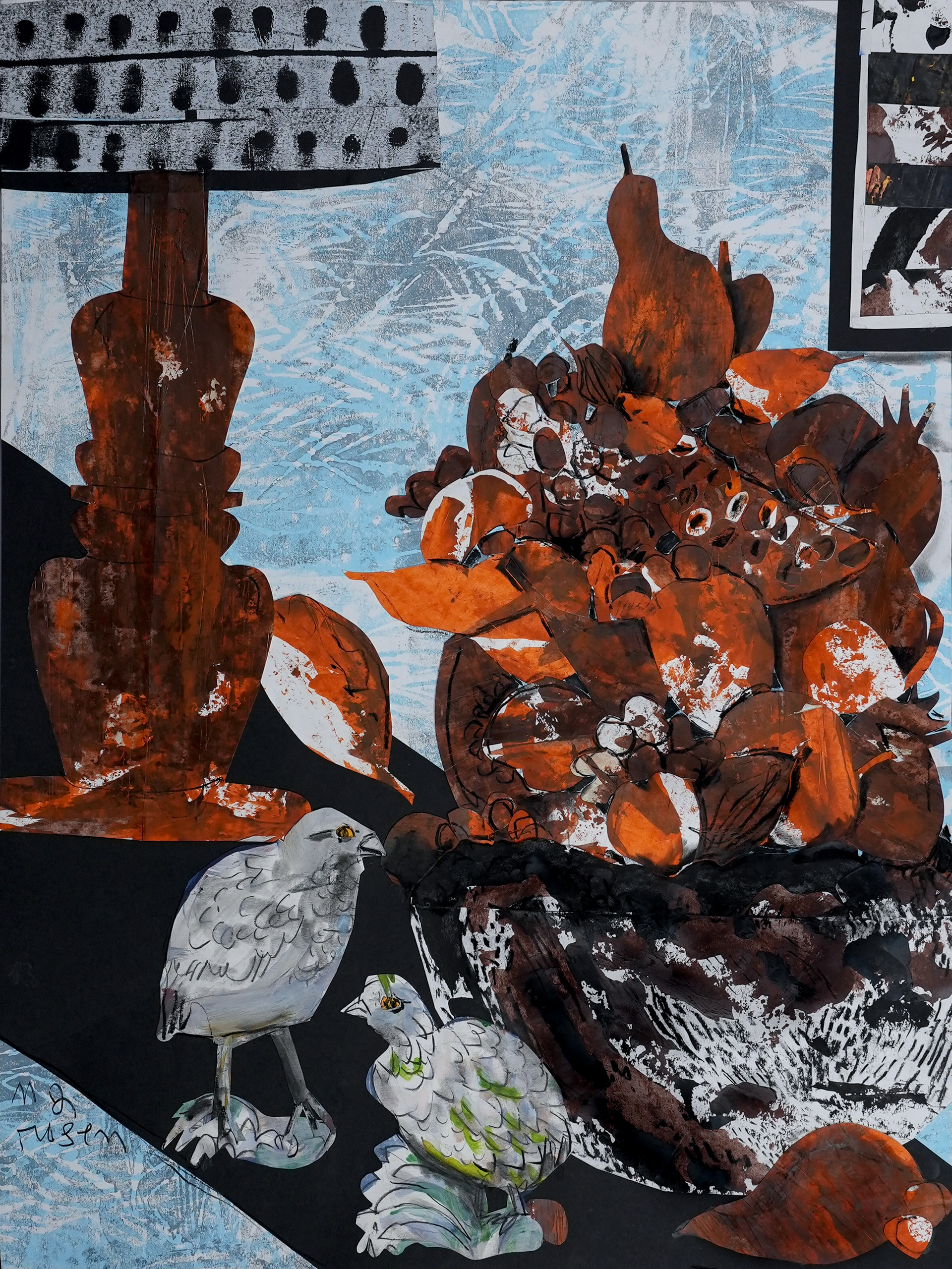 "Tower of Wooden Fruit with Two Bewildered Birds"