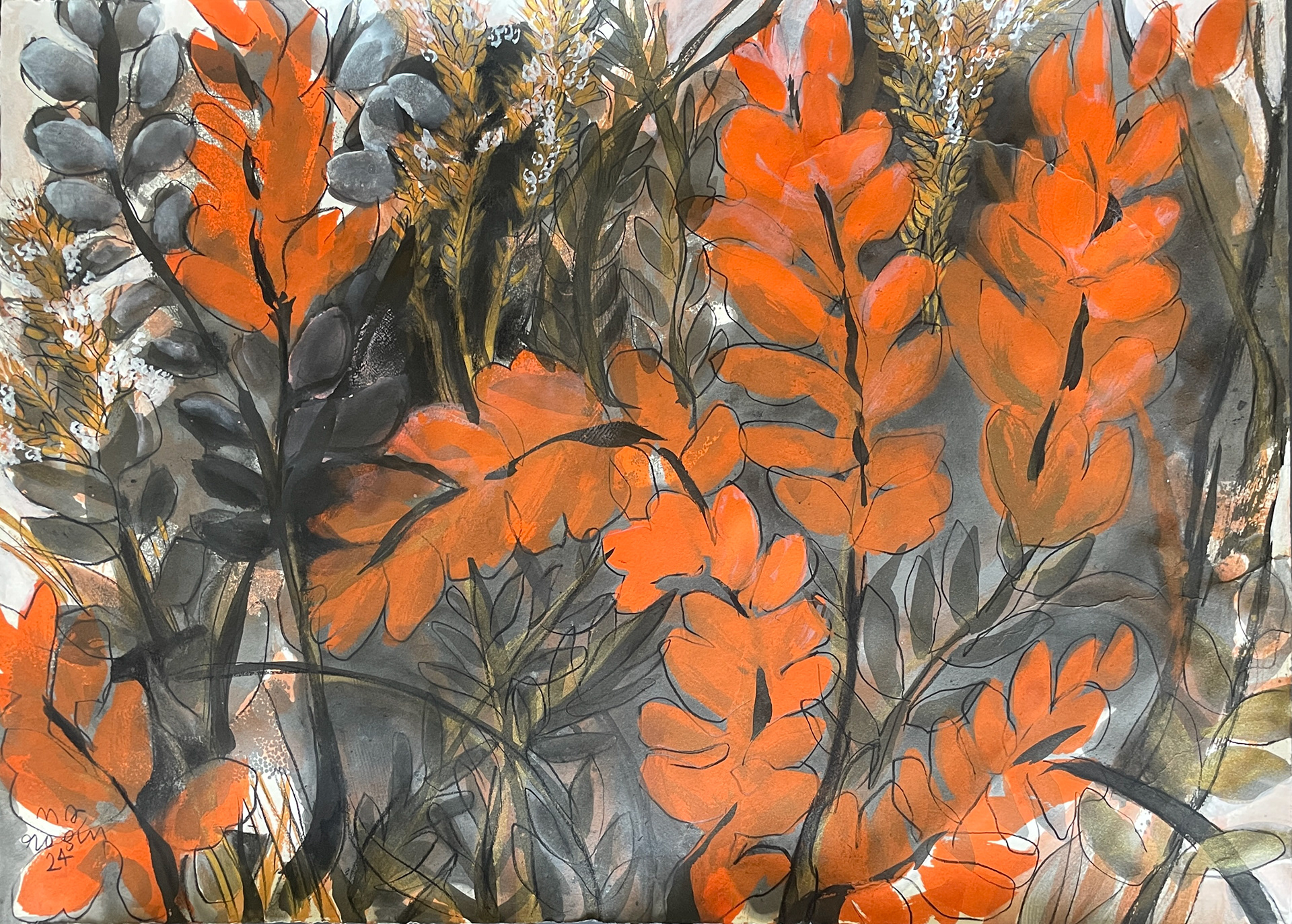 Orange Fronds with Golden Neighbors / 36 x 24 / Framed, $2,000