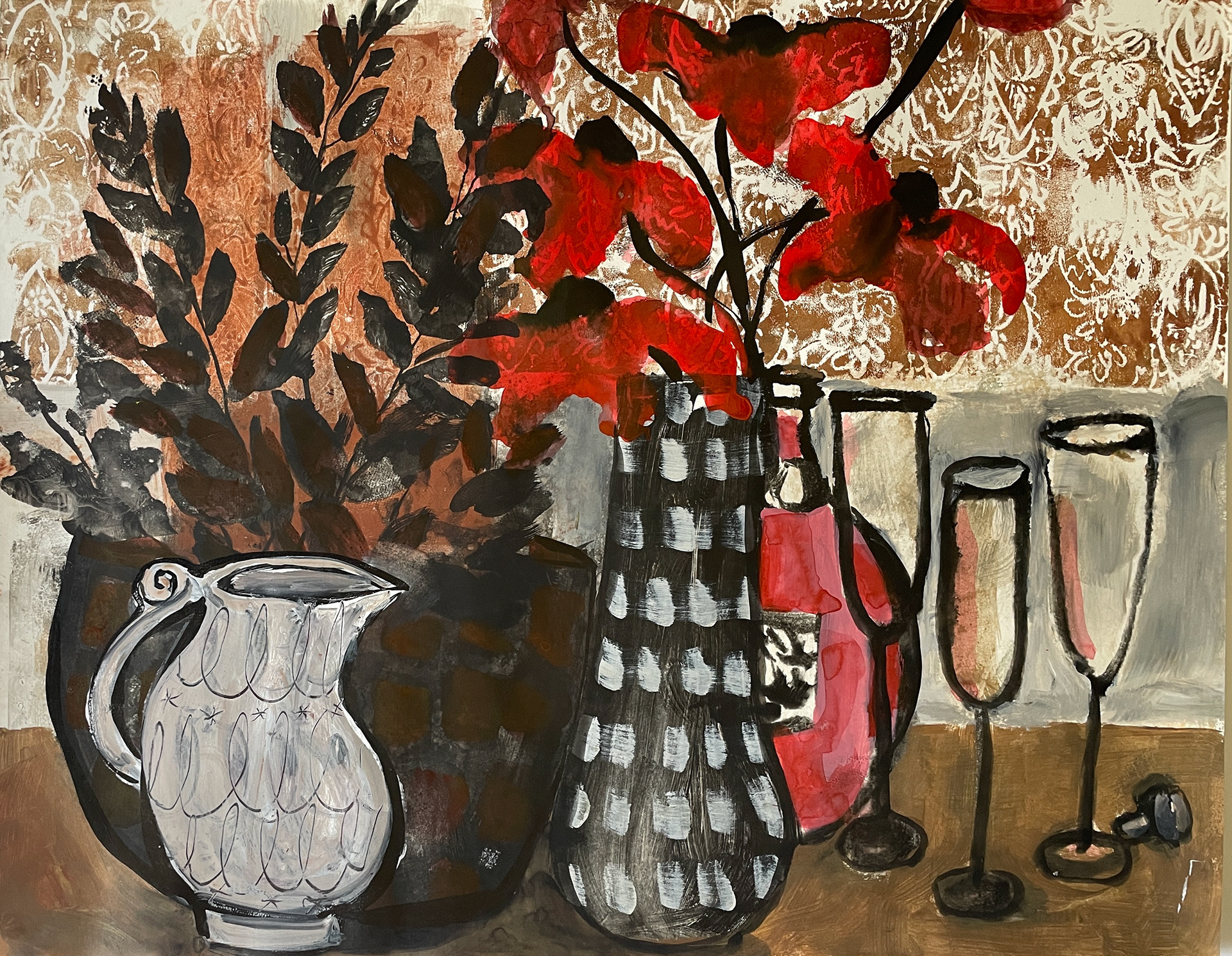 Pink Champagne All Around 24 x 36, monotype with Sumi-e ink, 2022 $2,200