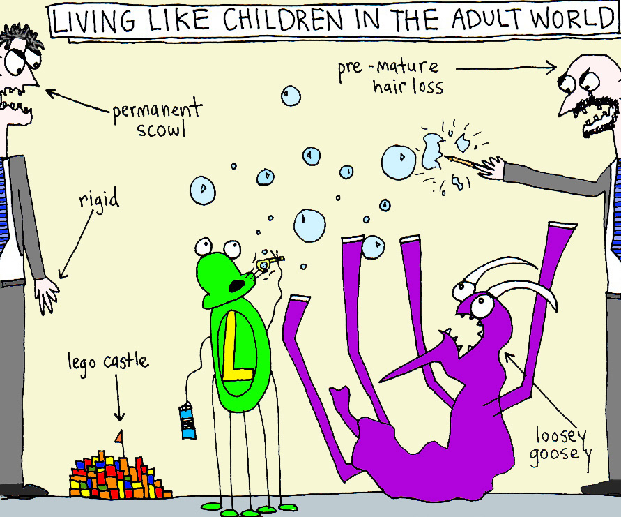 John's Commentary:  You're never too old to be making lego castles...so stay young, or you might lose your hair early and dress the same everyday.