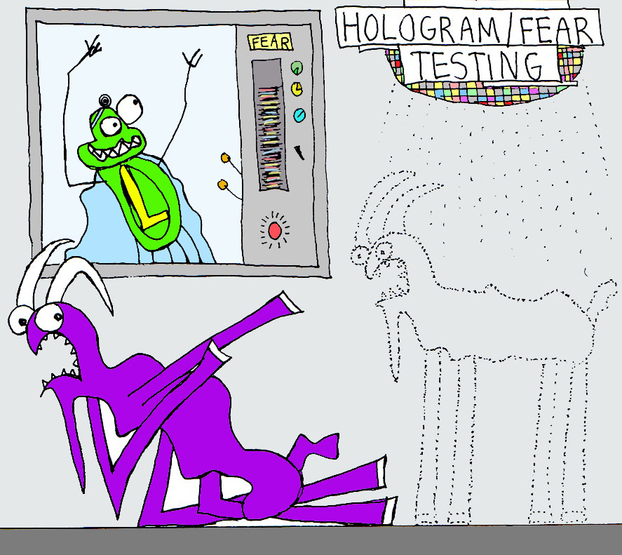 John's Commentary: I do a bunch of comics with the same setup. Leaf the scientist, performing tests on Shef (the subject). I like how Leaf is really relishing in his success in scaring Shef with the holographic Shef appearing in front of him - success on both fronts.