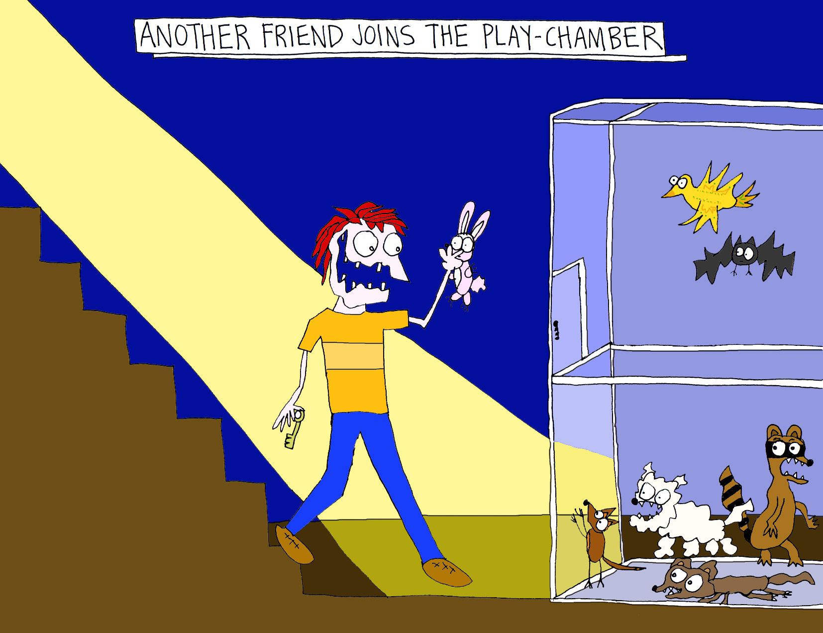 John's Commentary: Morgan believes himself to be helping Sir Charles Blake III branch out and make new friends, when in fact each new "friend" that is added to his basement air cage, he becomes increasingly more paranoid and frightened.