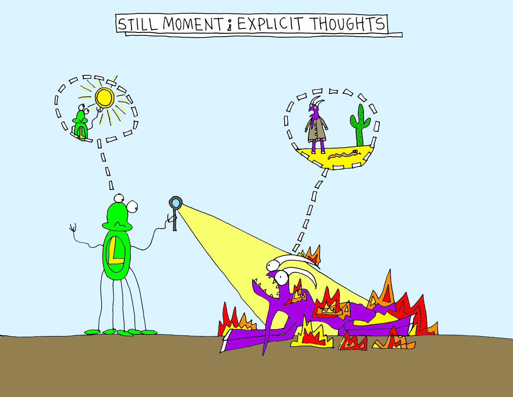 John's Commentary: Goat on fire = Goat in scorching hot desert wearing a fur coat.