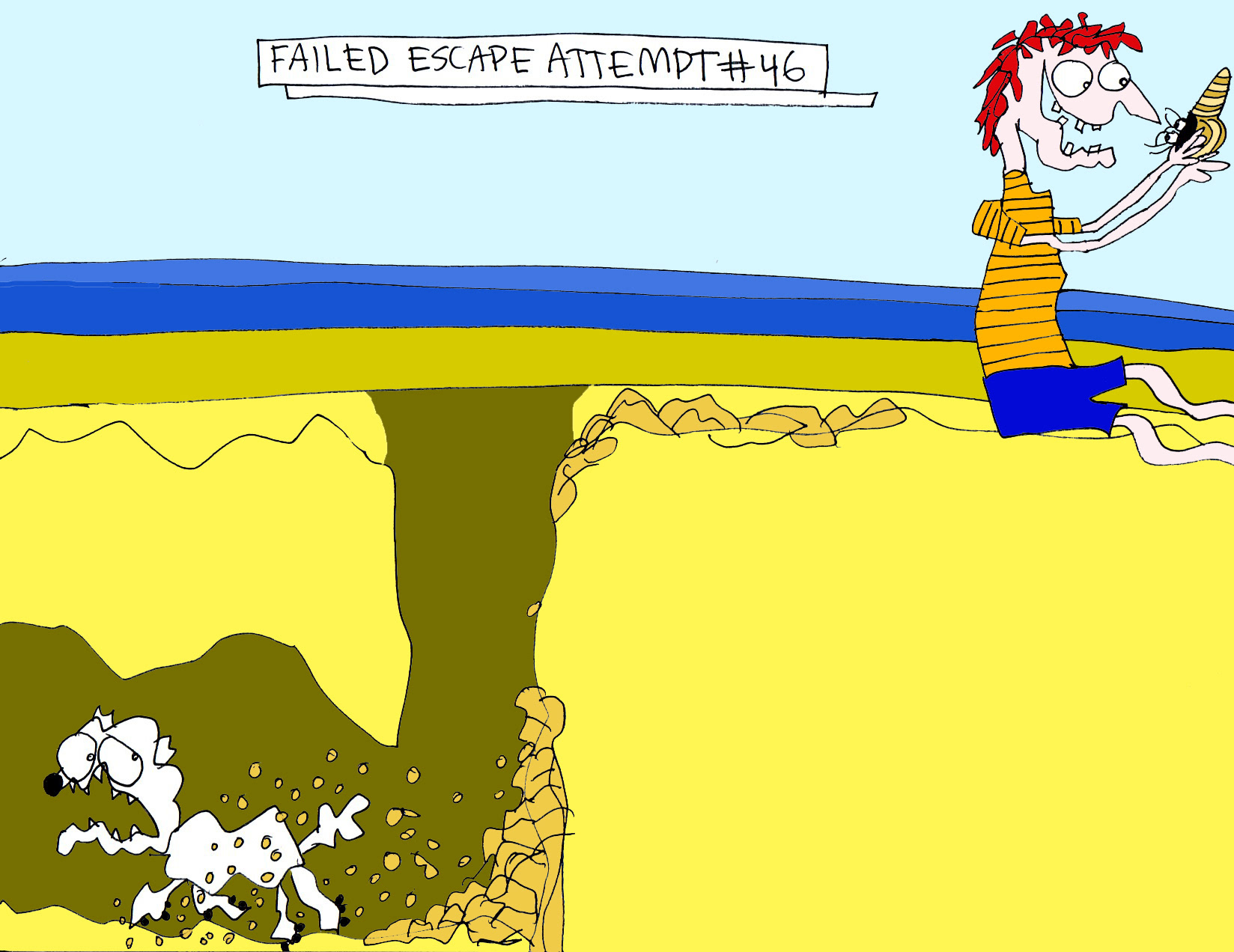 John's Commentary: The crashing of the waves and the intense focus of de-shelling a crab hides the sounds of the fast short breaths, and the hollow thuds of sand echoing deeper down the hole....to freedom.