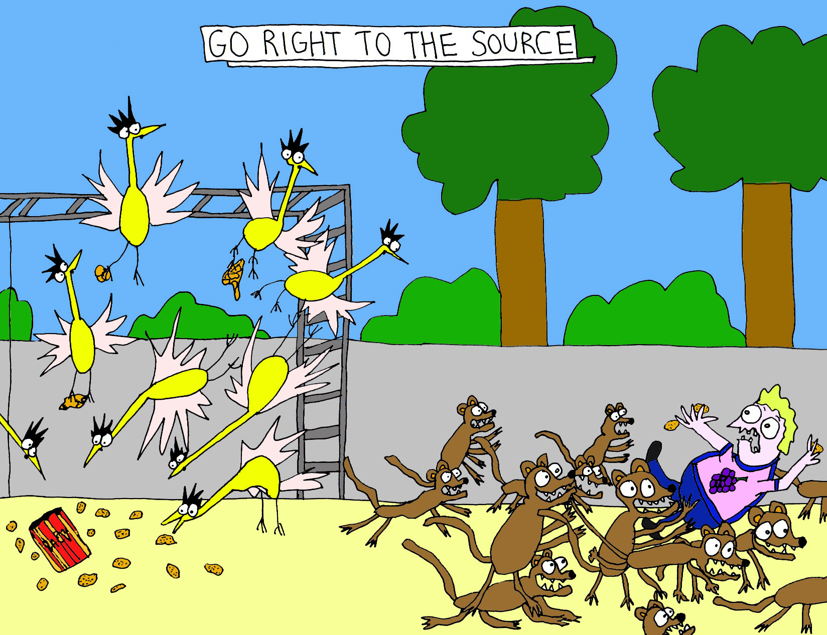 John's Commentary: The birds go for the chips....the cats go for the one that brings the chips....good strategy by the cats.