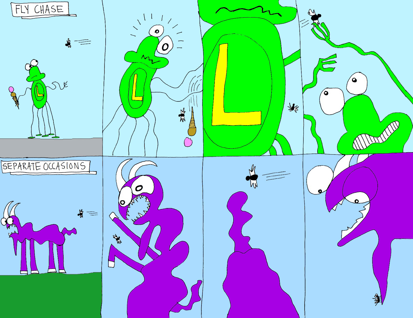 John's Commentary:  My favs. are the bottom 3 and 4 boxes..Shef going for the horse-like tail whip, and the face to face stare down.