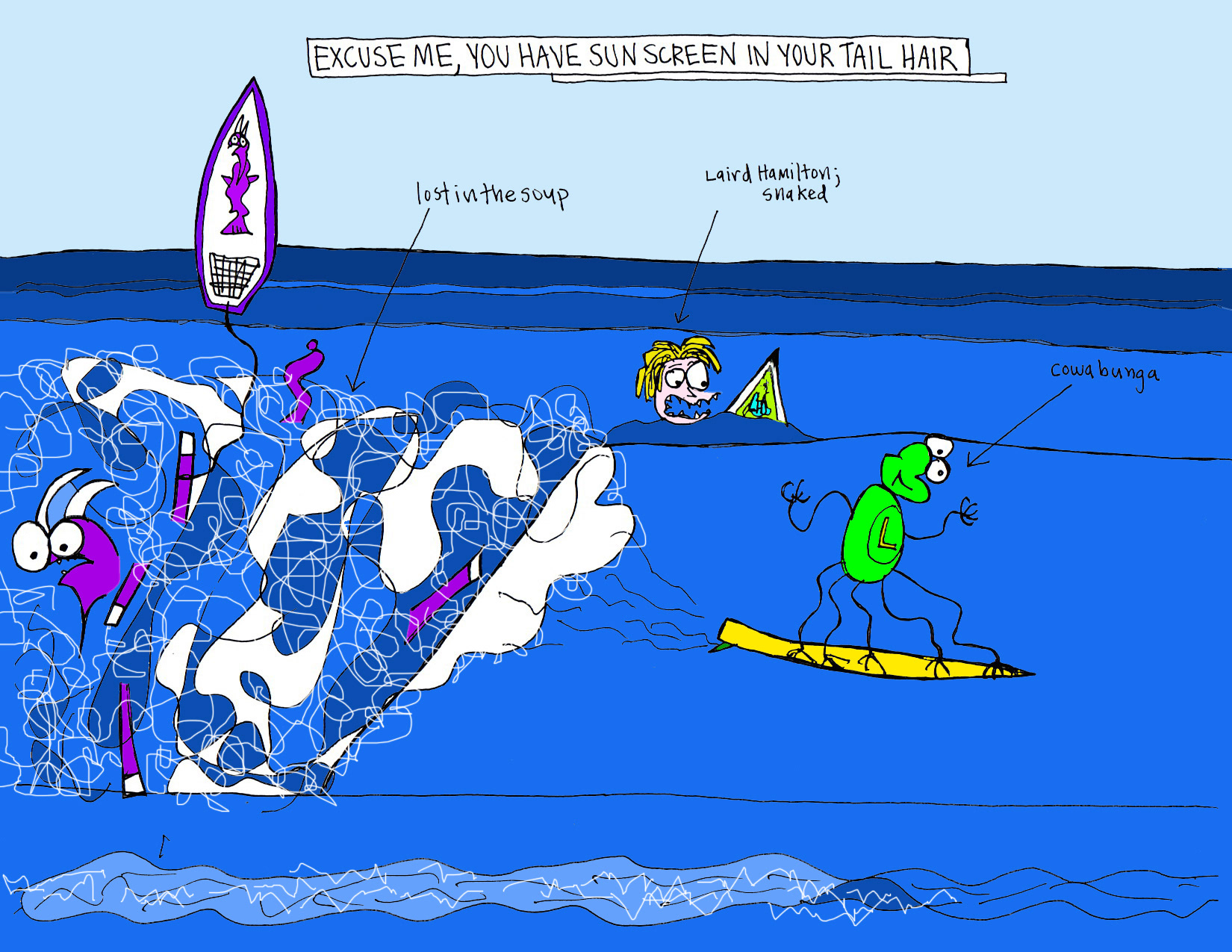 John's Commentary: Having 5 legs makes hang-15s with aerial possibilities in the same maneuver a reality....top that off with snaking Laird and not thinking twice about it.