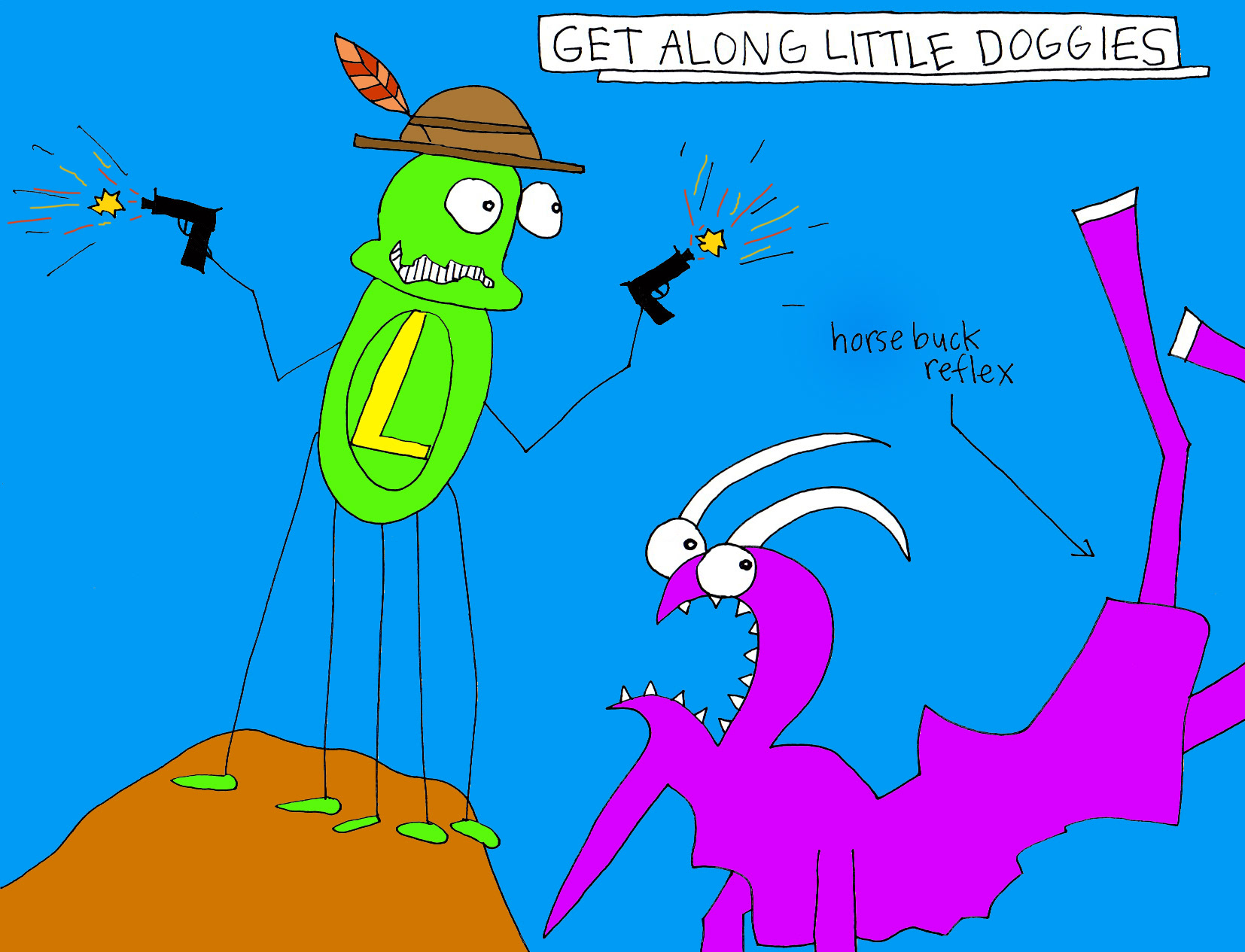 John's Commentary: Shef's posterior reacts to the gunshot without his knowing (you can tell by the surprised look on his face).