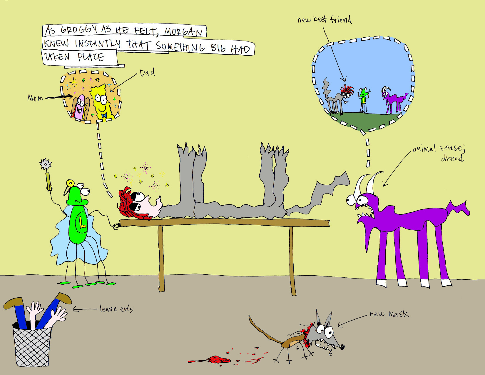 John's Commentary: Dr. Leaf gives Morgan the body of a gray wolf, Shef contemplates how this may change things for him, Morganwolf dreams of his parents, who have become a hot dog and french fry due to the distorted mind of his heavily drugged wolf body.