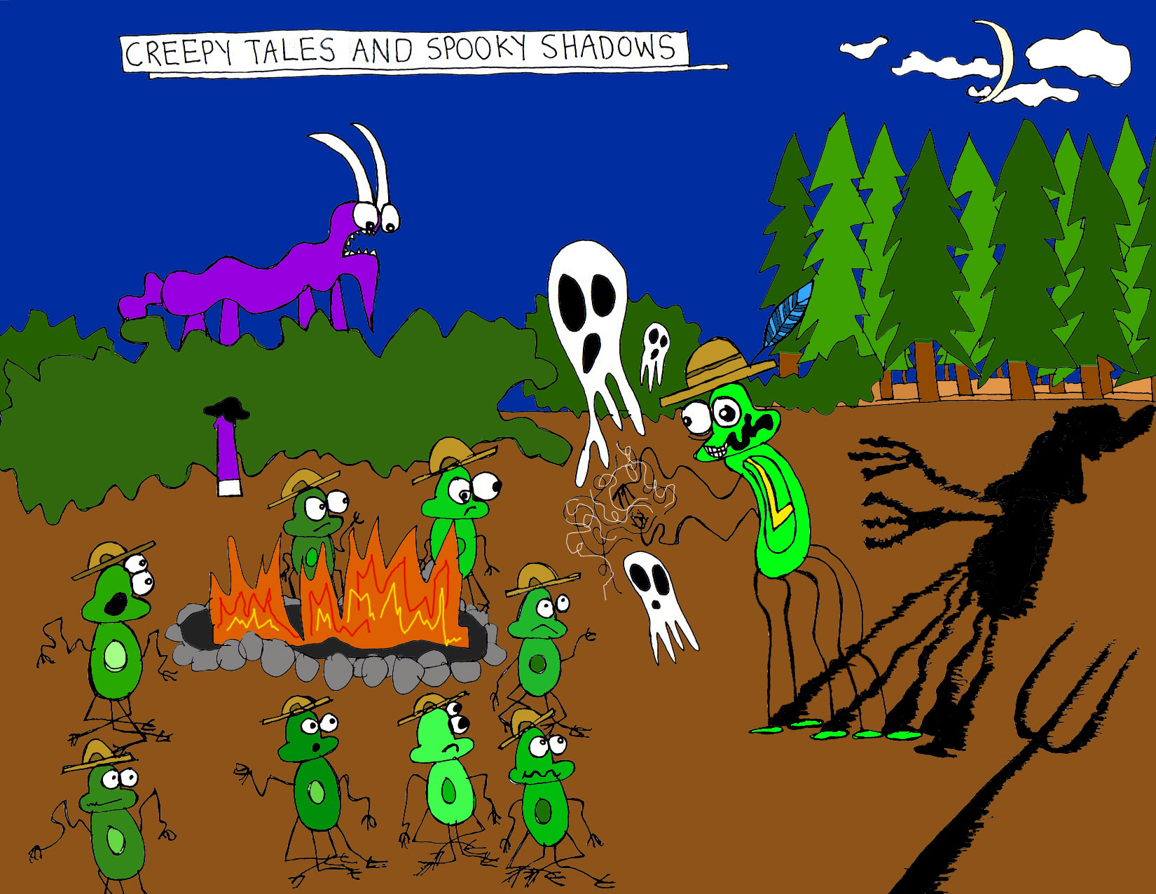 John's Commentary: Scoutmaster Leaf summons chilling tales and Shef makes appropriate scary sound effects by rustling in the bushes.