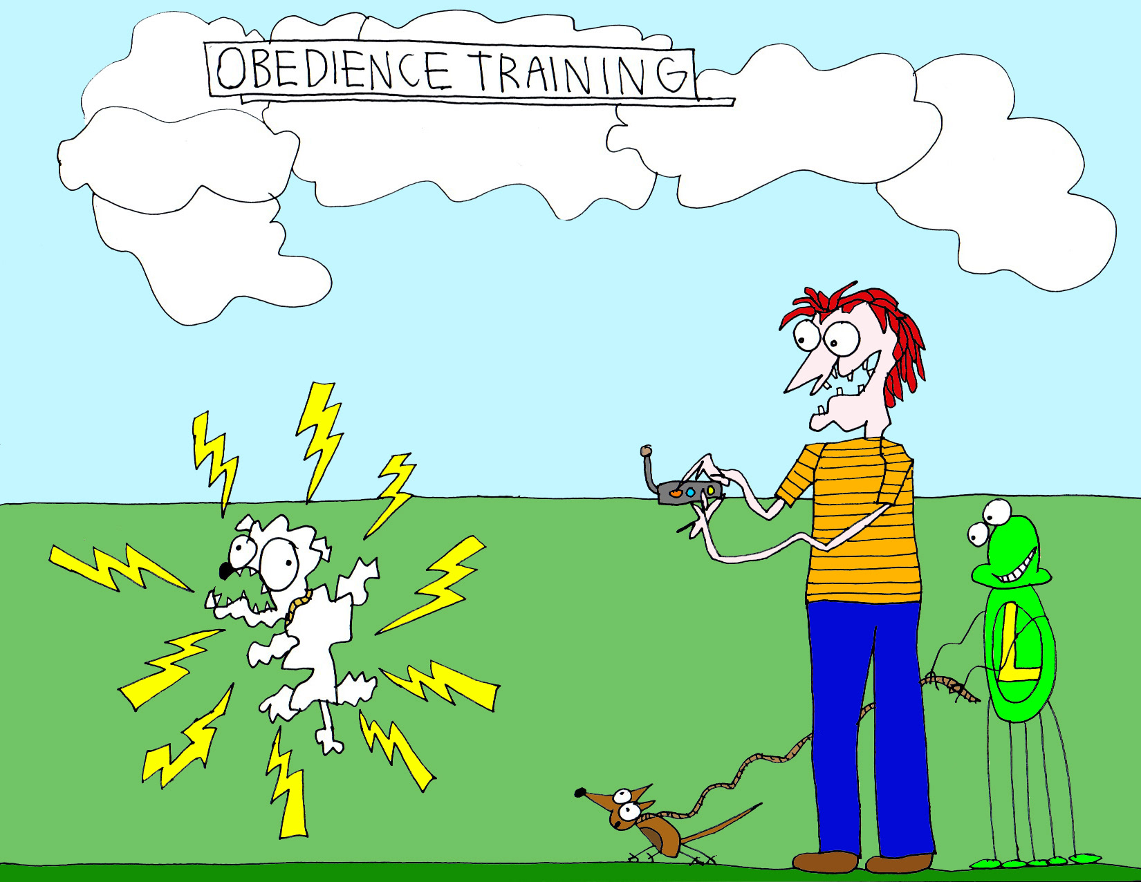 John's Commentary:  Morgan ops for a swift 200 volt kick down the spinal cord, while Leaf enjoys the good old fashioned choke chain...learning is fun!