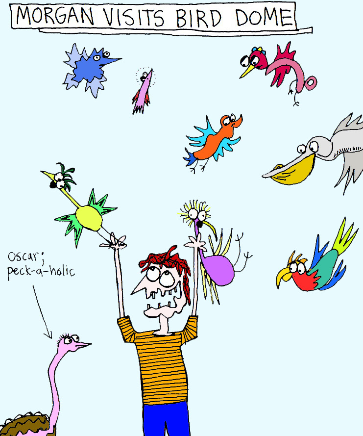 John's Commentary: The equivalent of a kid in a candy store. The feather pulling and strangulation in full effect...however it looks like Oscar is about to counterattack with a vicious chest peck.