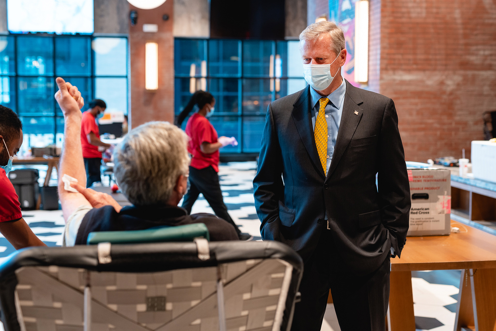 Massachusetts Governor Charlie Baker visiting a Red Cross blood donation center at TD Garden during the Covid 19 Pandemic