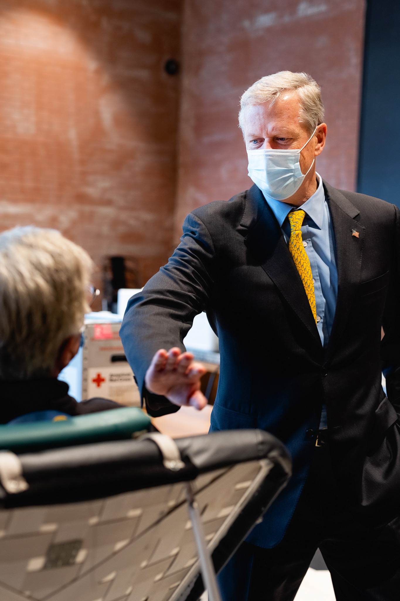 Massachusetts Governor Charlie Baker visiting a Red Cross blood donation center at TD Garden during the Covid 19 Pandemic