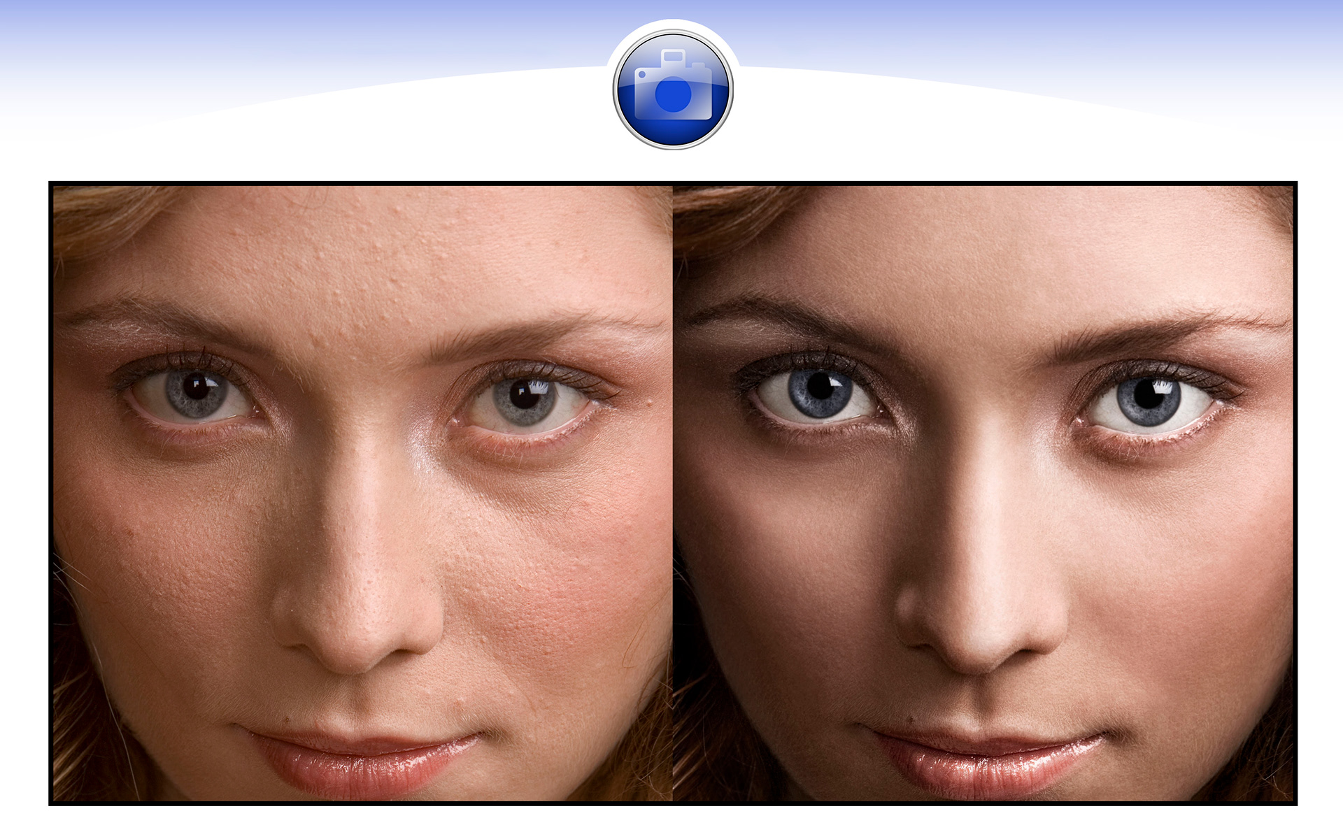 Beauty retouching in Photoshop using healing tools, curves adjustment layers with masks, etc.