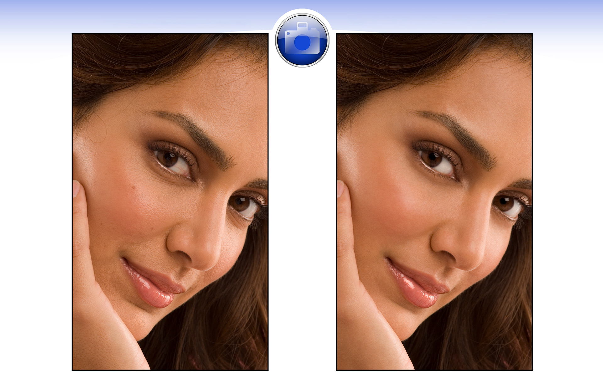 Beauty retouching in Photoshop using healing tools, curves adjustment layers with masks, etc.