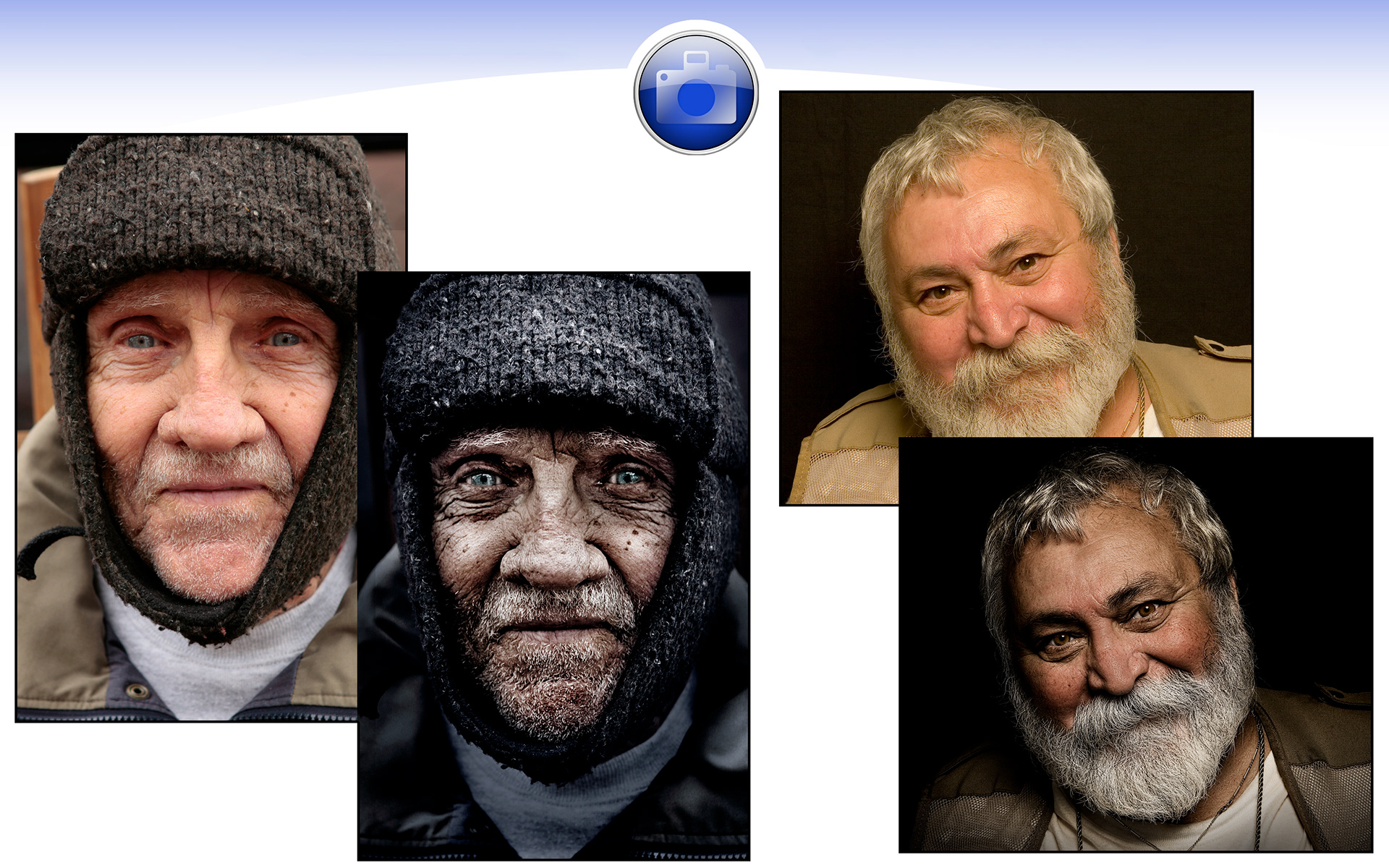 Portraits, before and after. "Slava" on the right won a Photoshop Guru Award for Best Retouching.