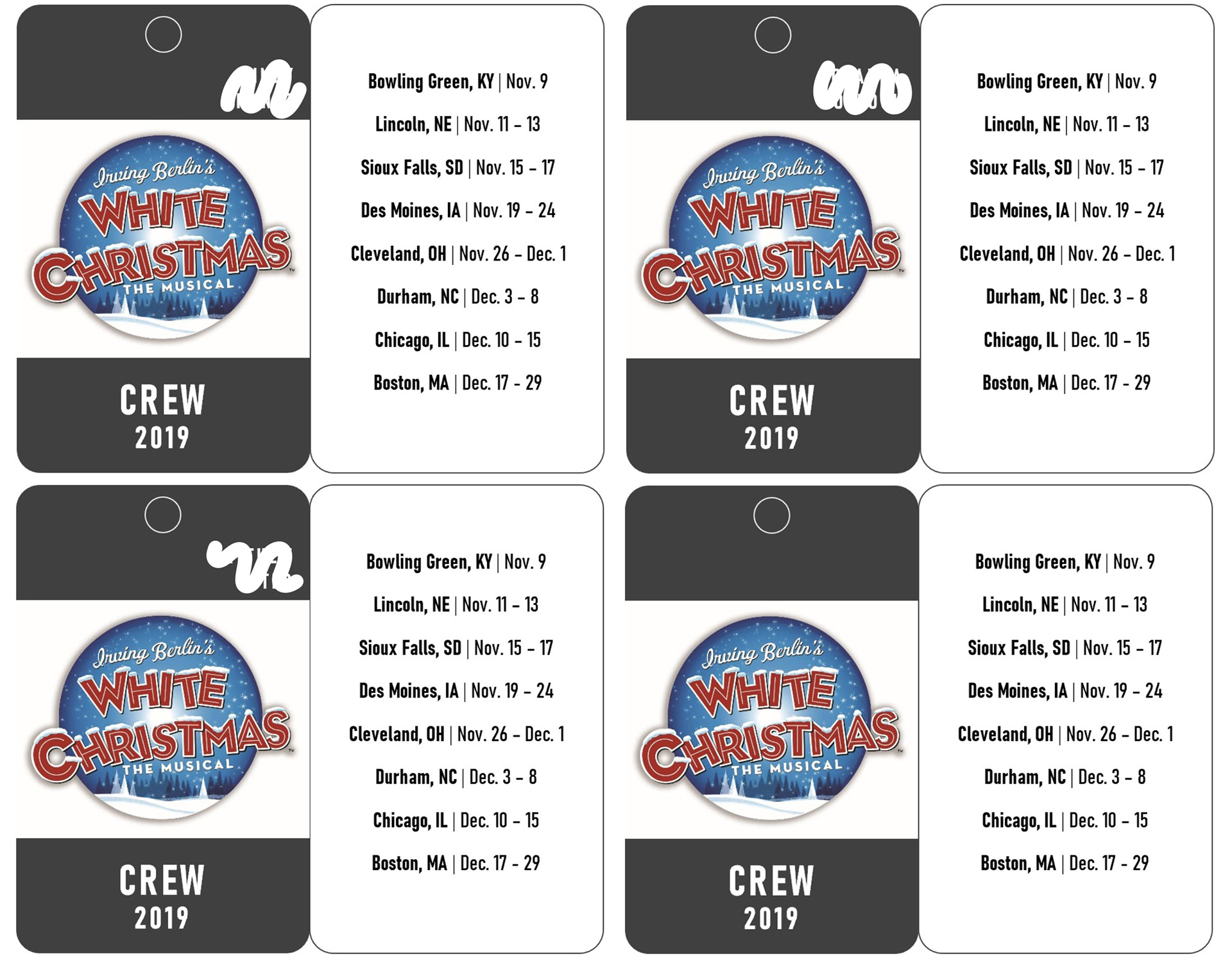 Crew IDs sample - White Christmas Nat'l Tour 2019