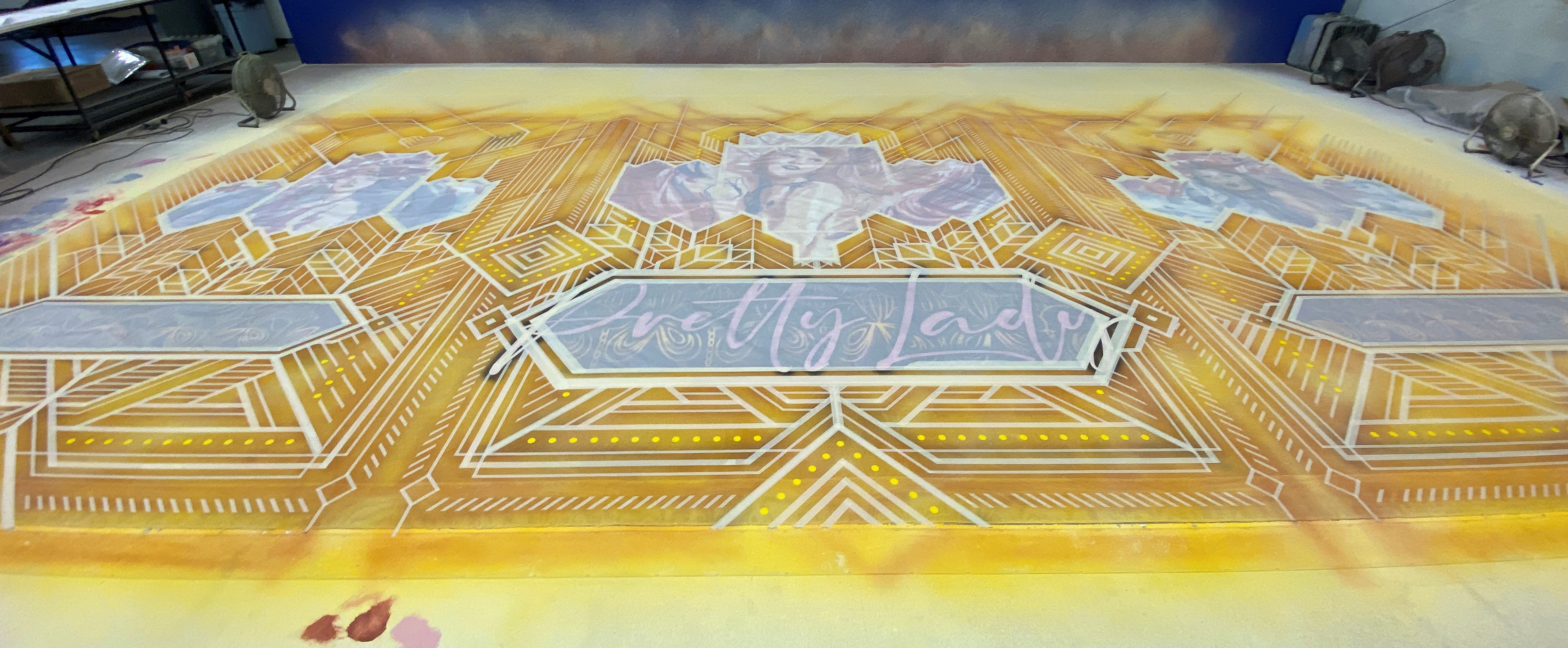 42nd Street - Goodspeed Musicals - scrim - spray masking in progress