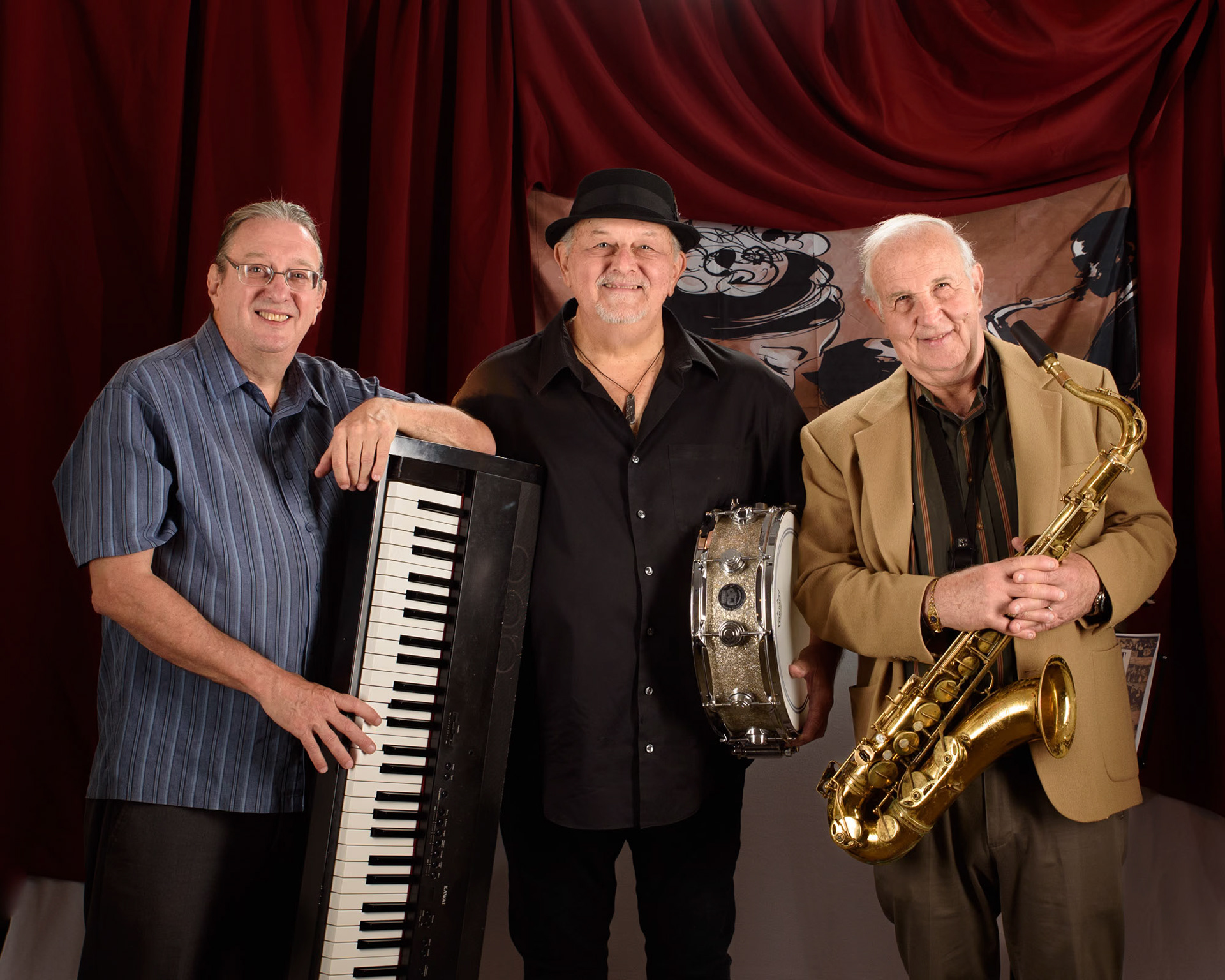 Three musicians playing at a jazz theme event. Photo in a studio like environment.