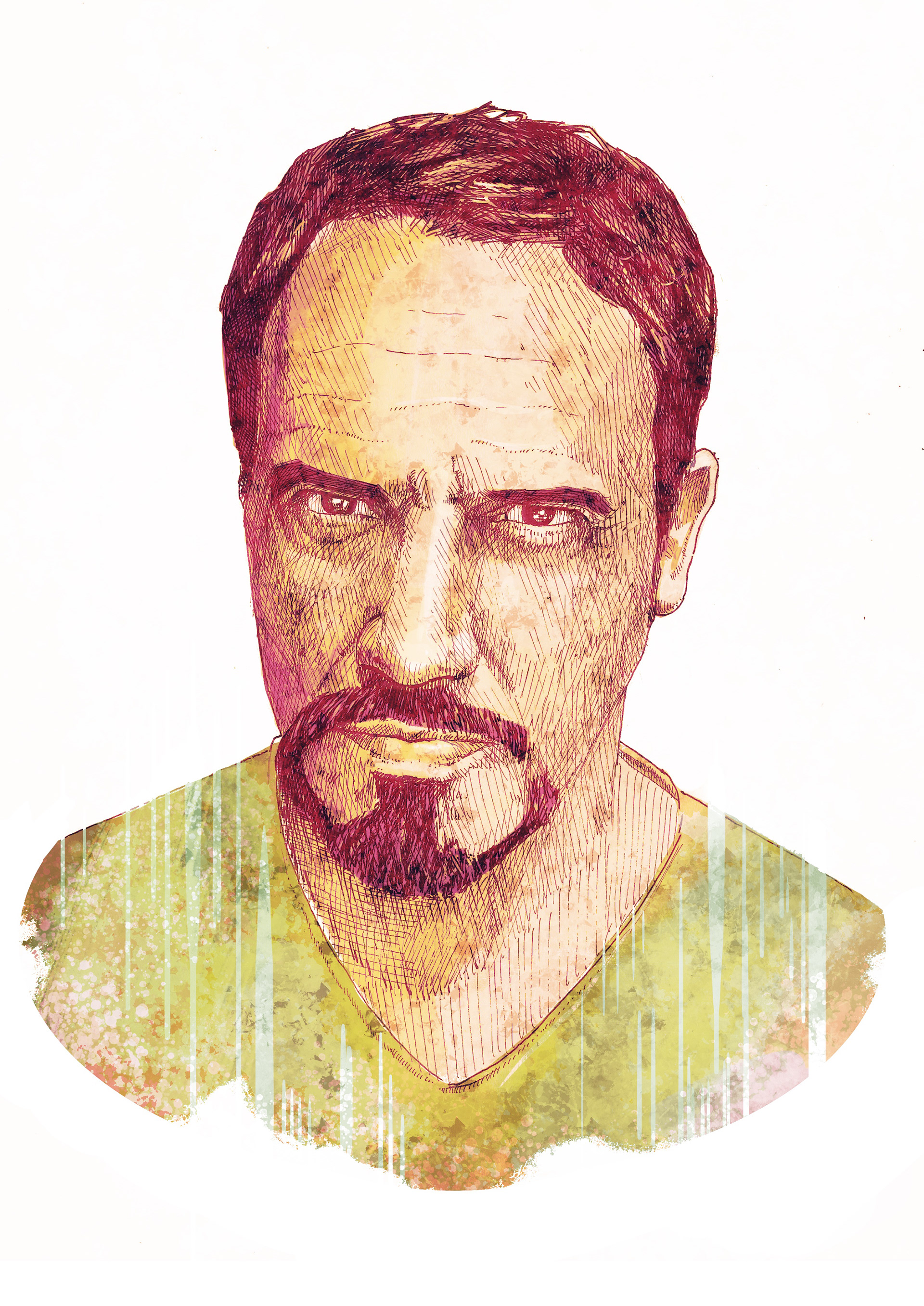 Portrait d'Alexandre Astier réalisé à l'encre et colorisé sous Procreate