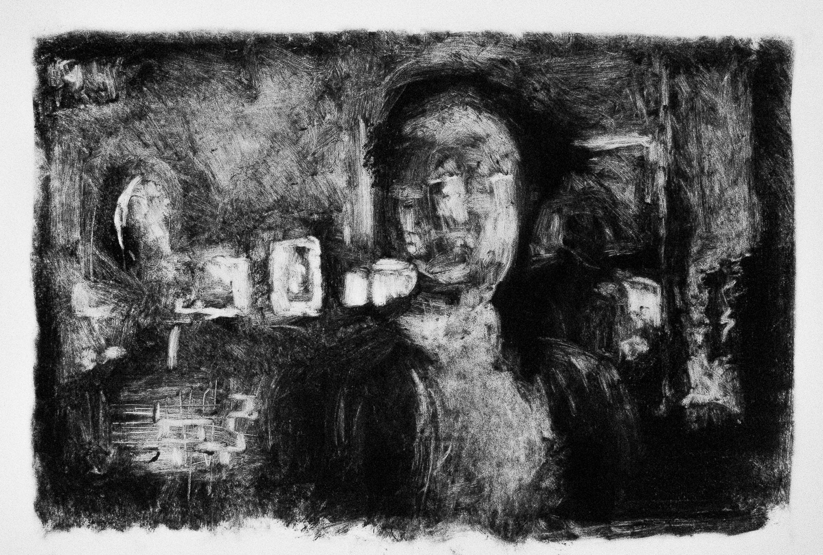 Violaine Lafortune – Conversations visuelles avec Ram Samocha. Session no.2, 27.10.2020 Rouyn-Noranda, Canada. Monotype, 28 x 36 cm