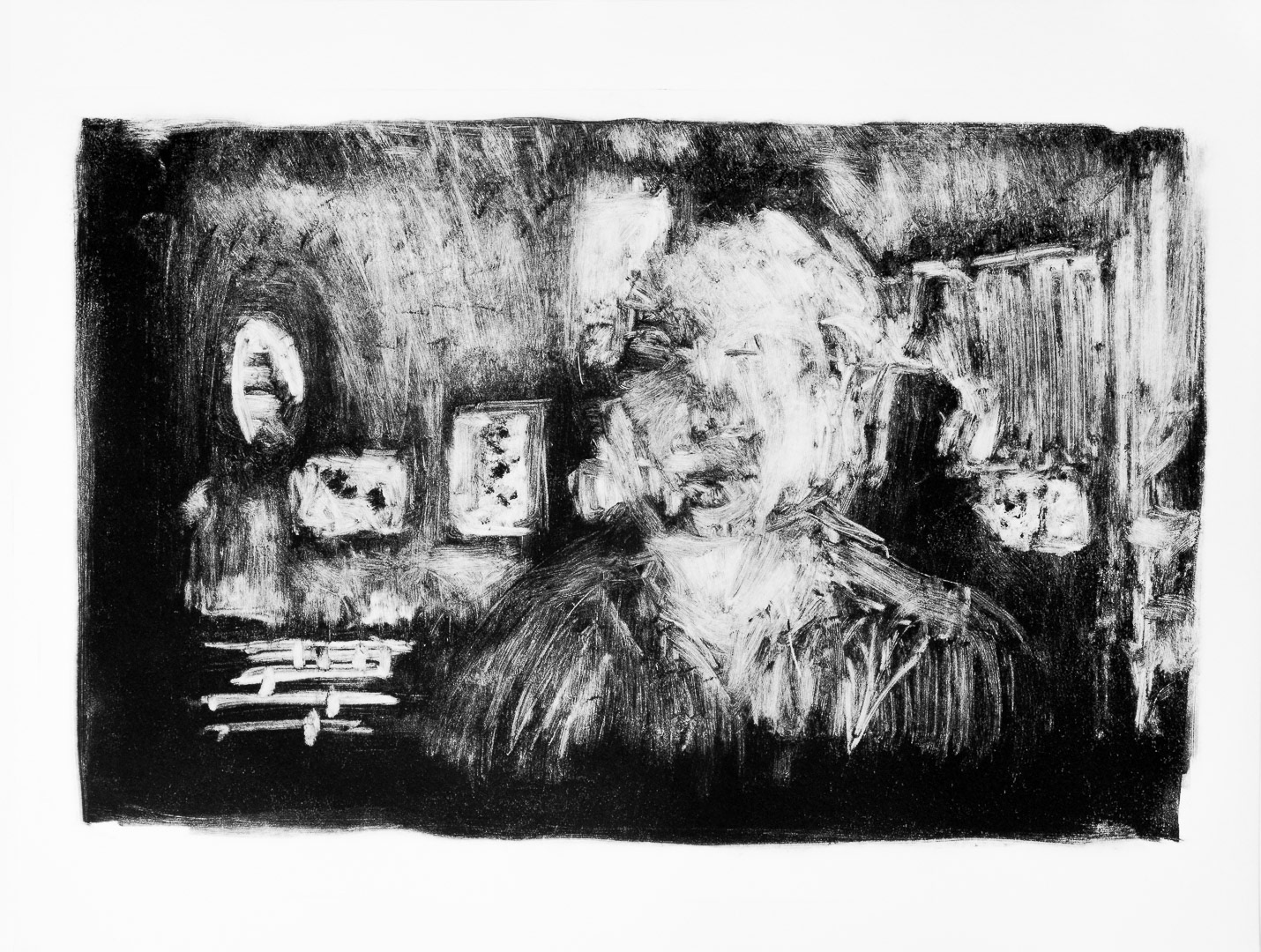 Violaine Lafortune – Conversations visuelles avec Ram Samocha. Session no.3, 10.11.2020 Rouyn-Noranda, Canada. Monotype, 28 x 36 cm