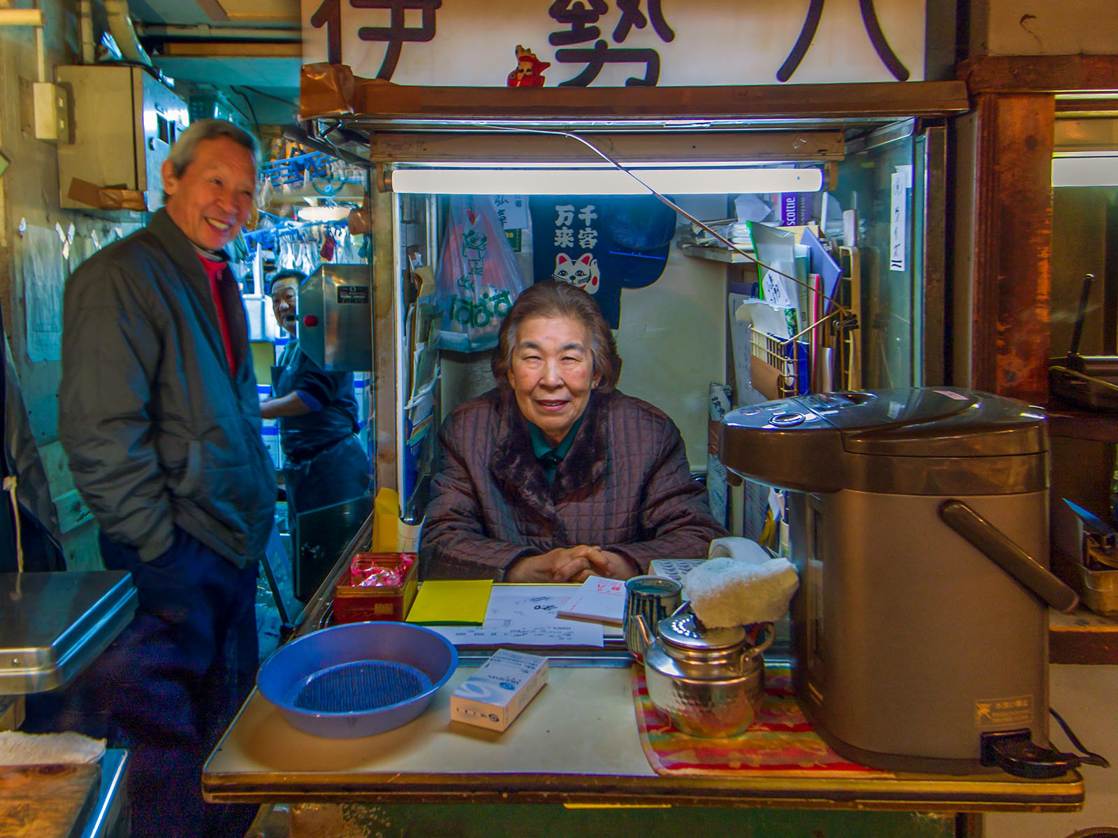 Stall keepers at Tsukiji fish market, Tokyo