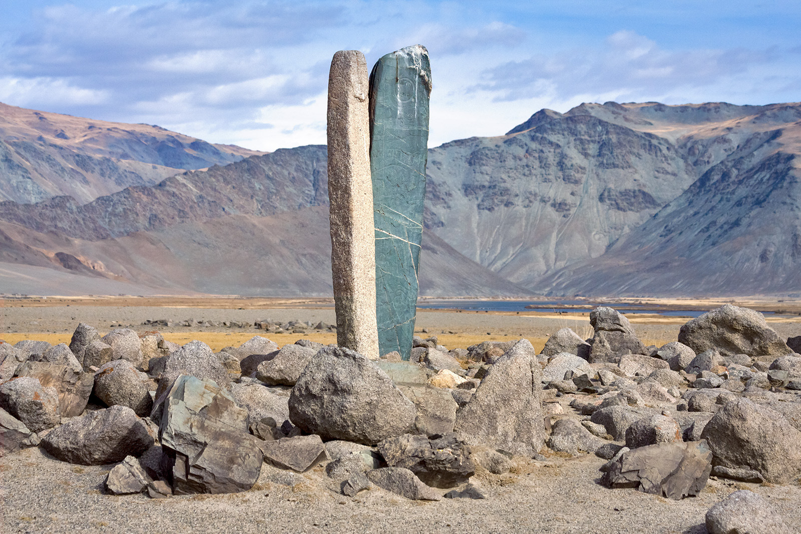 Deer stones in Altai, ancient megaliths carved with symbols