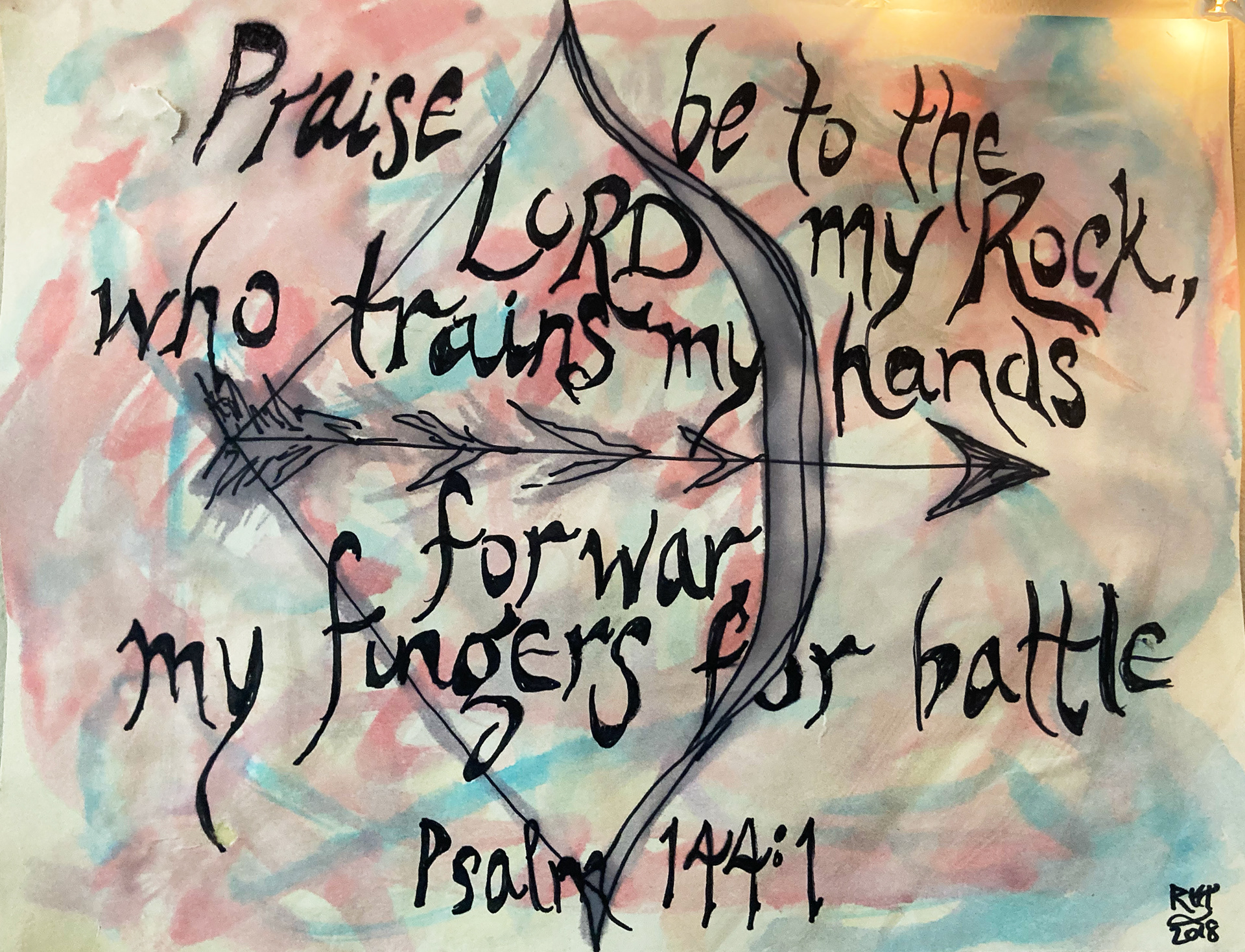 Psalm 144:1, watercolor and sharpie on paper